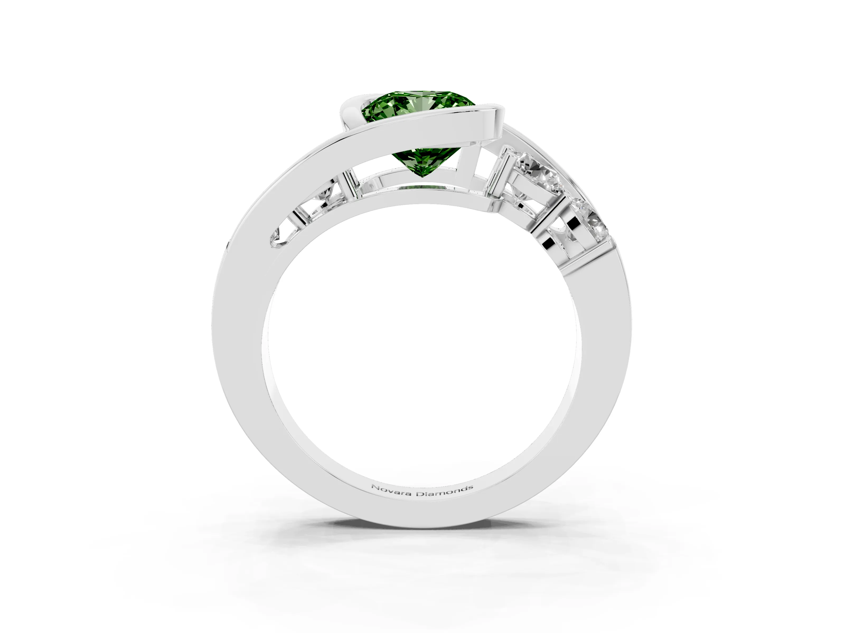 Fancy Green Cushion Cut Diamond Bezel Bypass Ring Set in Silver with Round Accents