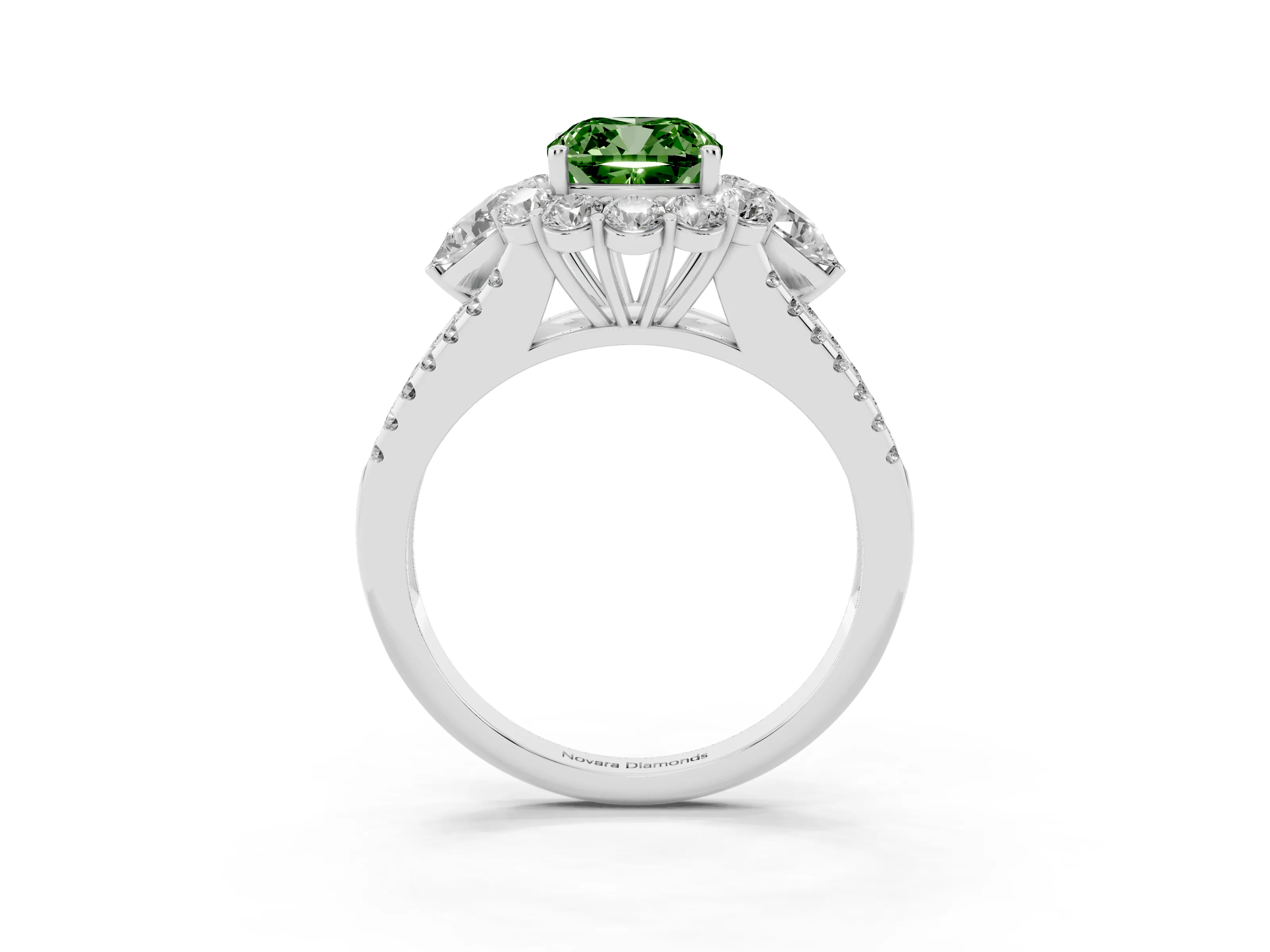 Fancy Green Cushion Cut Diamond Halo Split Shank Engagement Ring Set in White gold with Prong-Held Center Stone