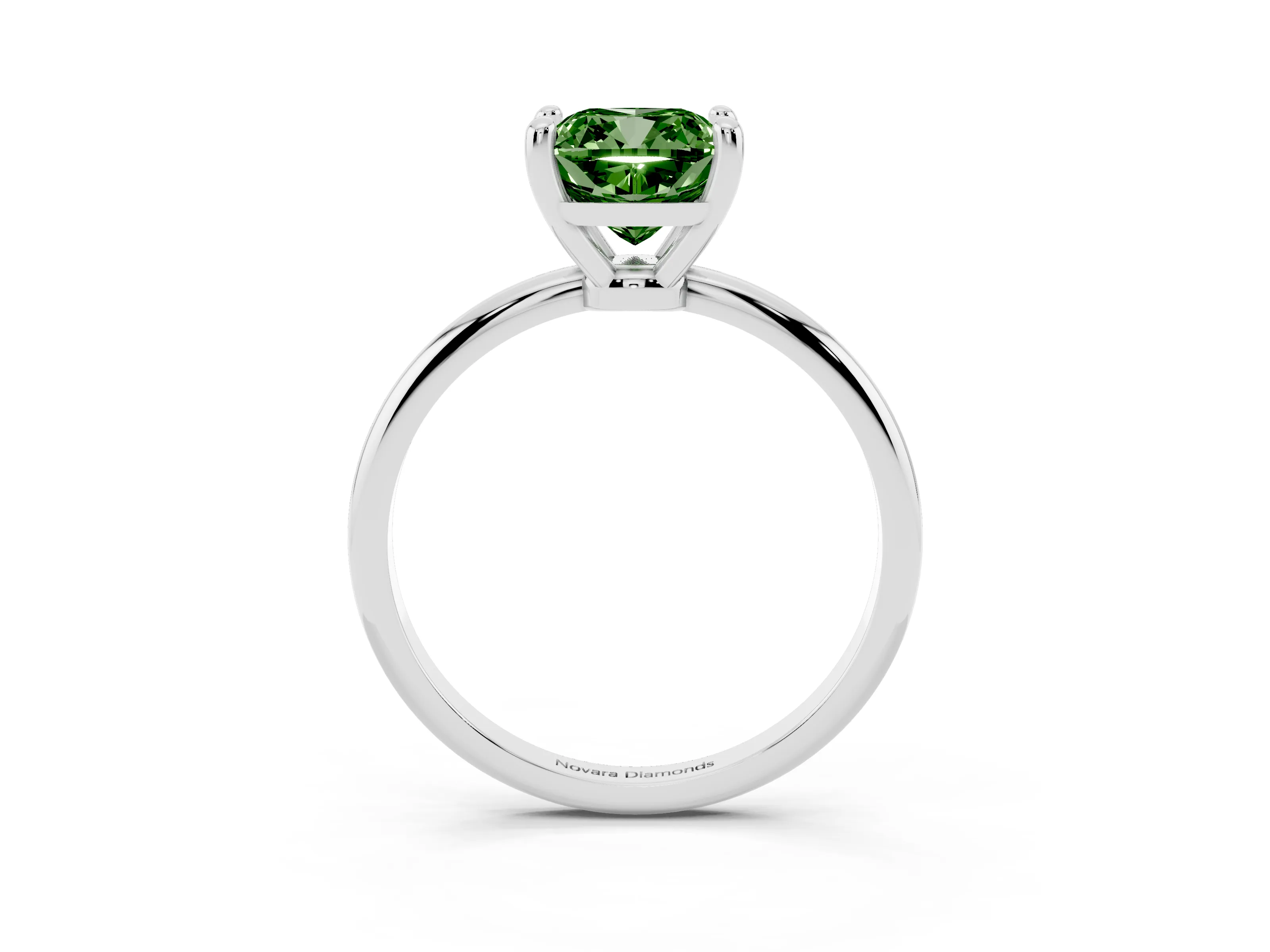 Fancy Green Cushion Cut Diamond Solitaire Ring Set in Platinum with Secure Prong Setting on a Classic Band