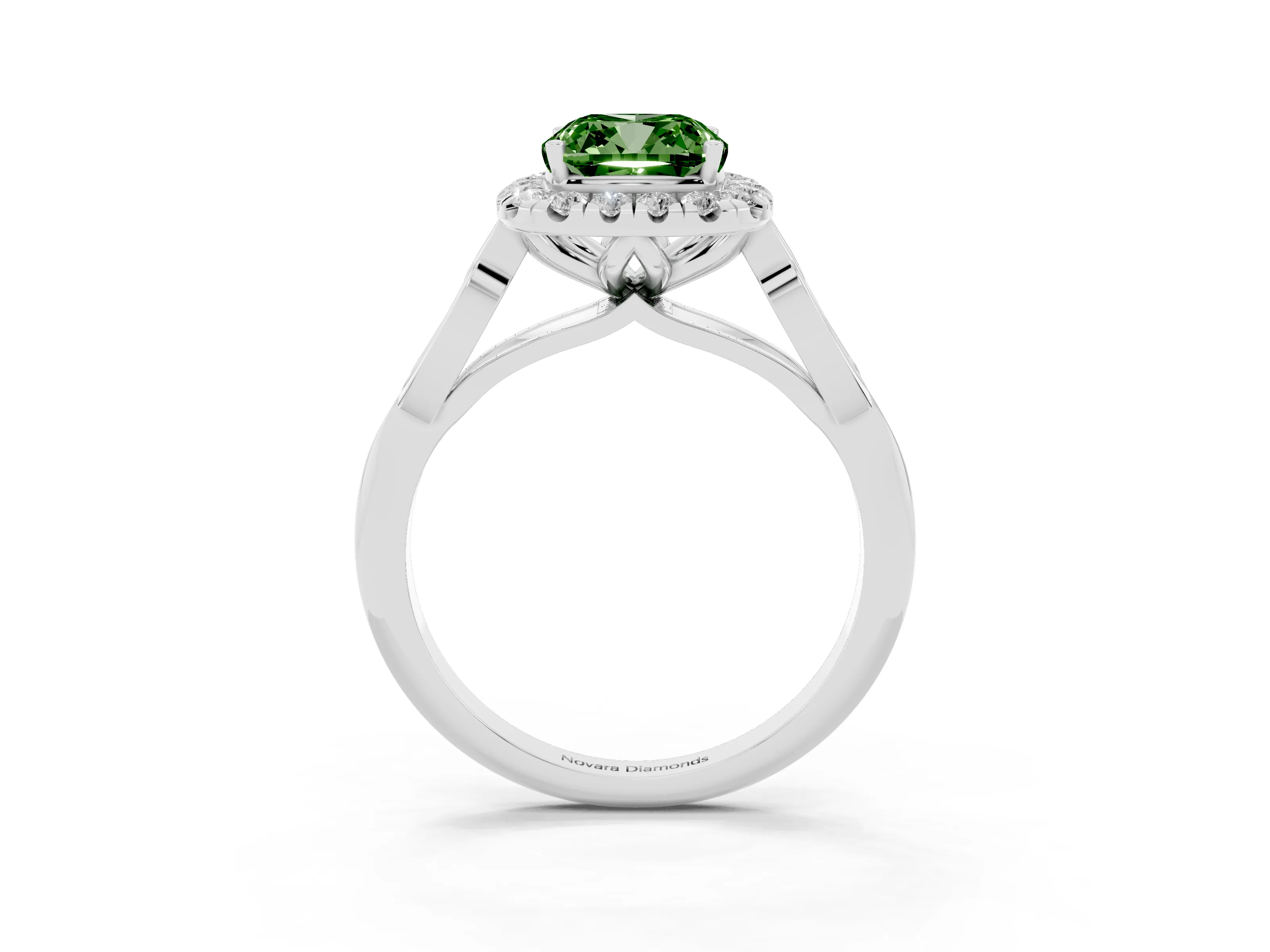 Fancy Green Cushion Cut Diamond Halo Engagement Ring Set in White gold with Filigree Band and Prong-Set Center