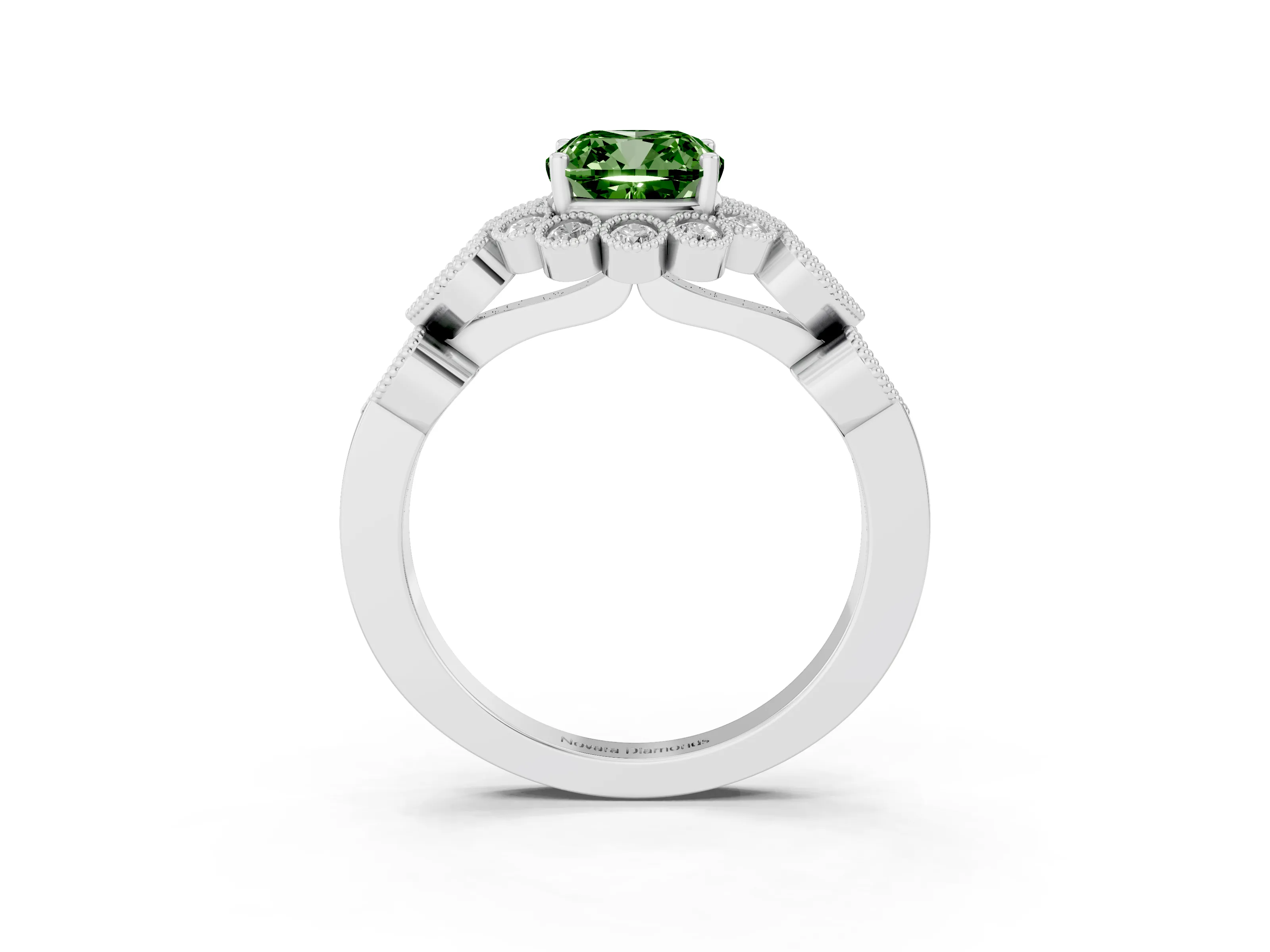 Fancy Green Cushion Cut Diamond Solitaire Ring Set in White gold with Milgrain Pavé Heart Band