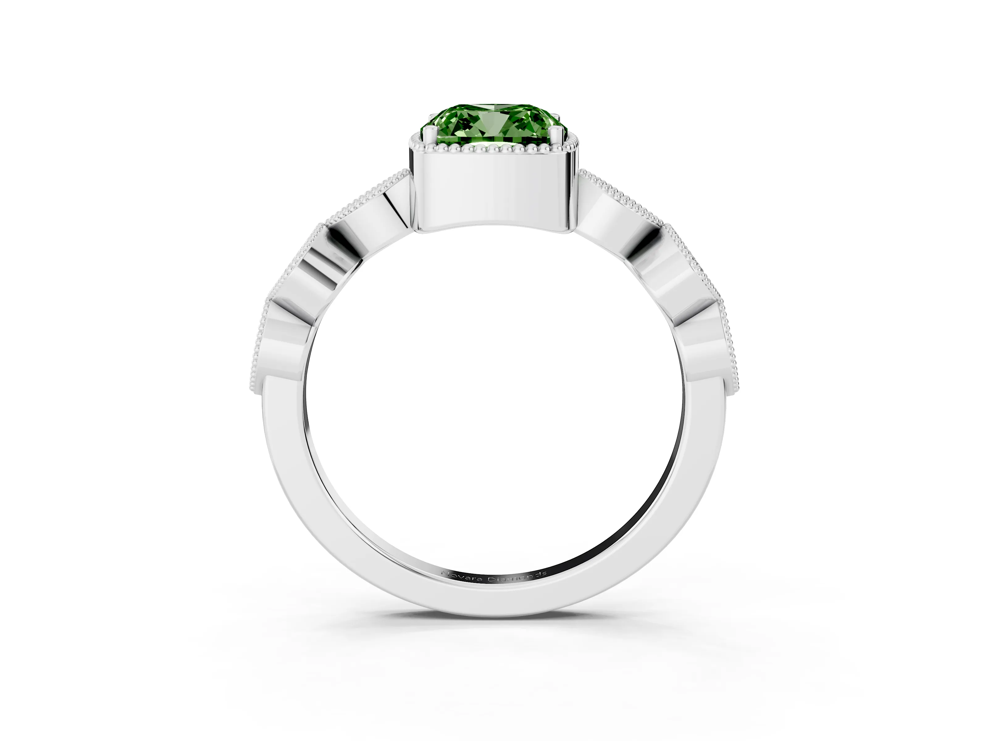 Fancy Green Cushion Cut Diamond Vintage-Inspired Milgrain Ring Set in White gold with Marquise Stations of Round Accents