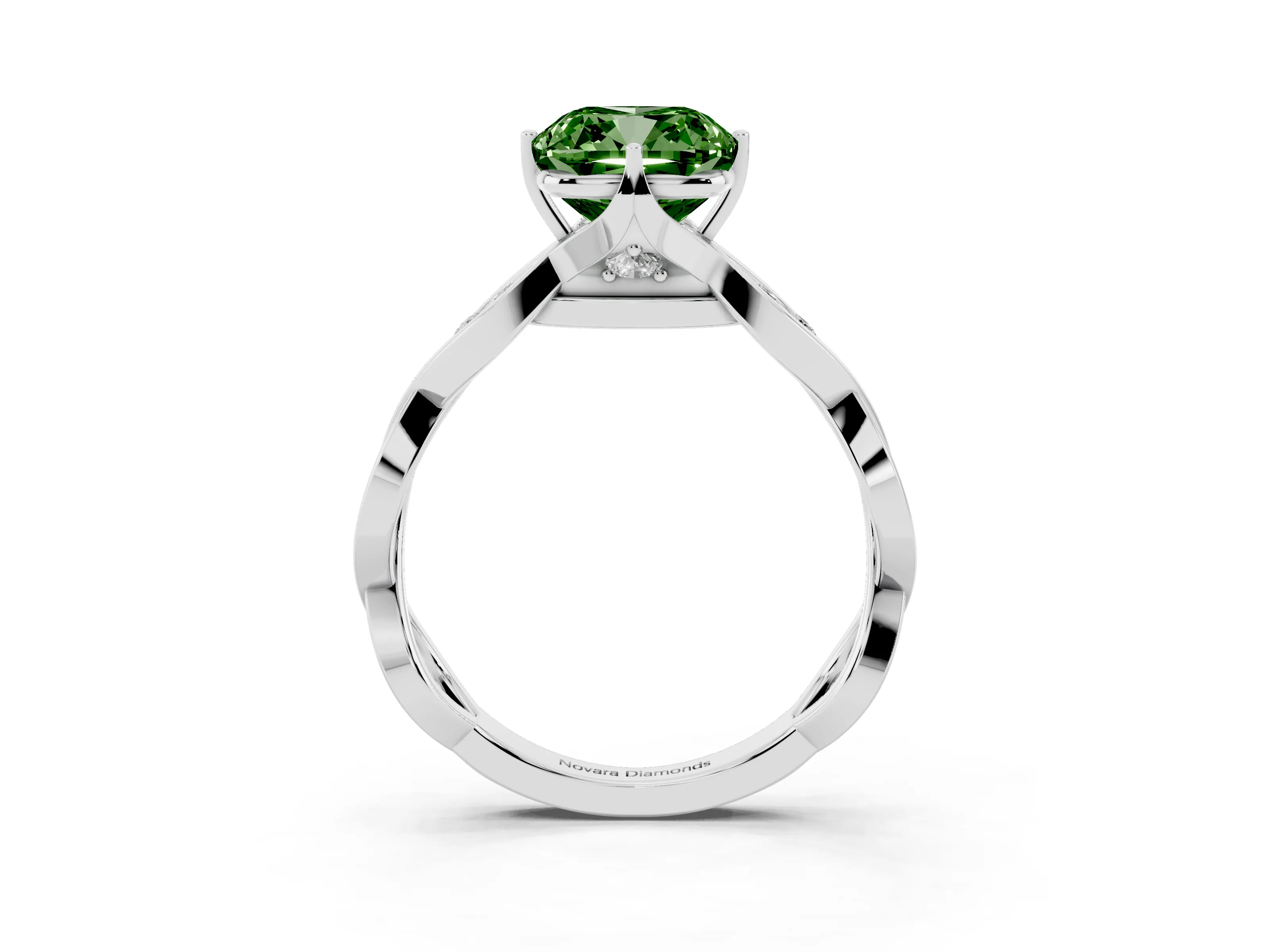 Fancy Green Cushion Cut Diamond Twist Band Solitaire Ring Set in Silver with Leaf Prong Setting and Accent Stones