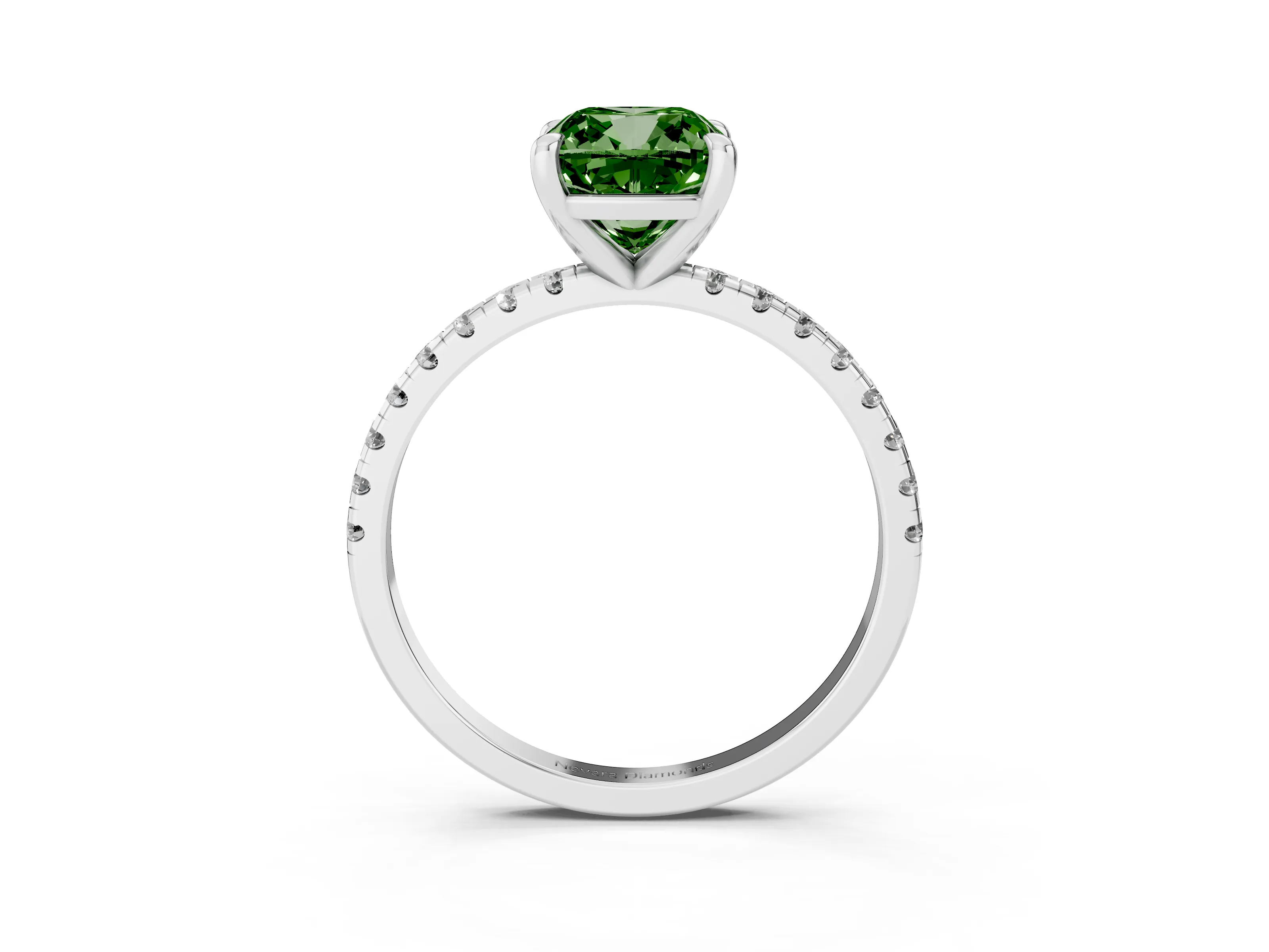 Fancy Green Cushion Cut Diamond Brilliant Solitaire Ring Set in Platinum with Pavé Band and Prong Setting