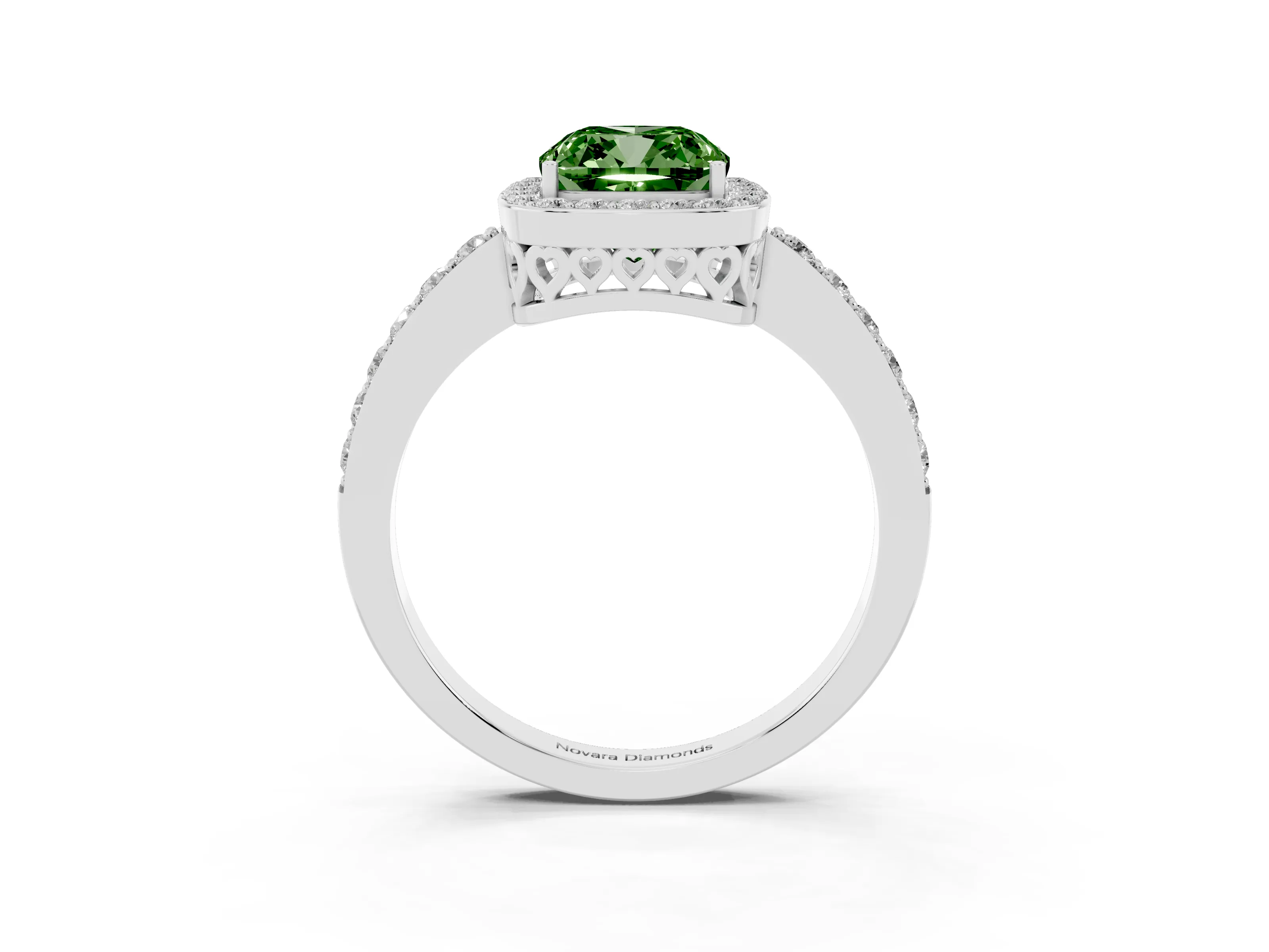 Fancy Green Cushion Cut Diamond Halo Ring Set in Silver with Pavé-Setting Band and Open Prong Center