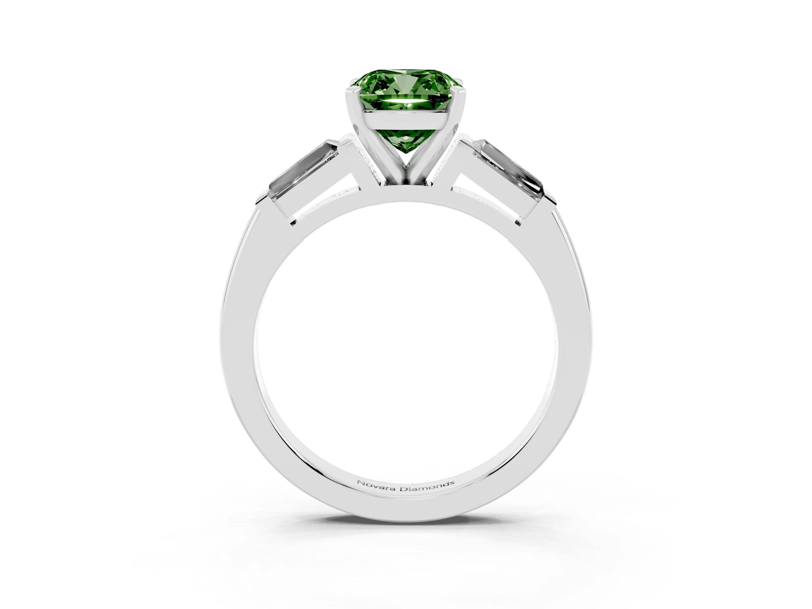 Fancy Green Cushion Cut Diamond Solitaire Ring Set in Platinum with Tapered Baguette Side Stones and Prong Setting