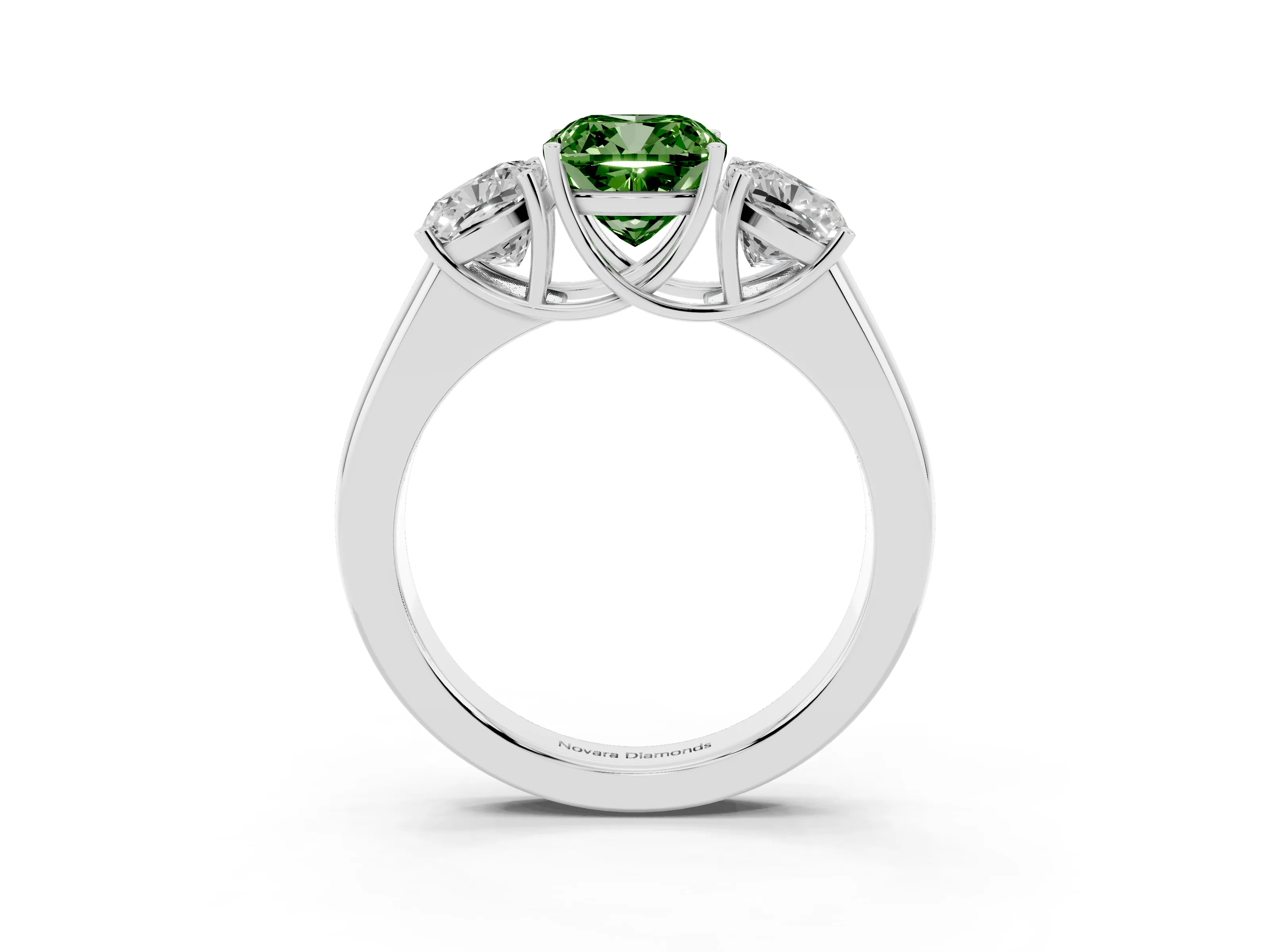 Fancy Green Three-Stone Cushion Cut Diamond Ring Set in Platinum with Matching Prong Settings and Plain Band