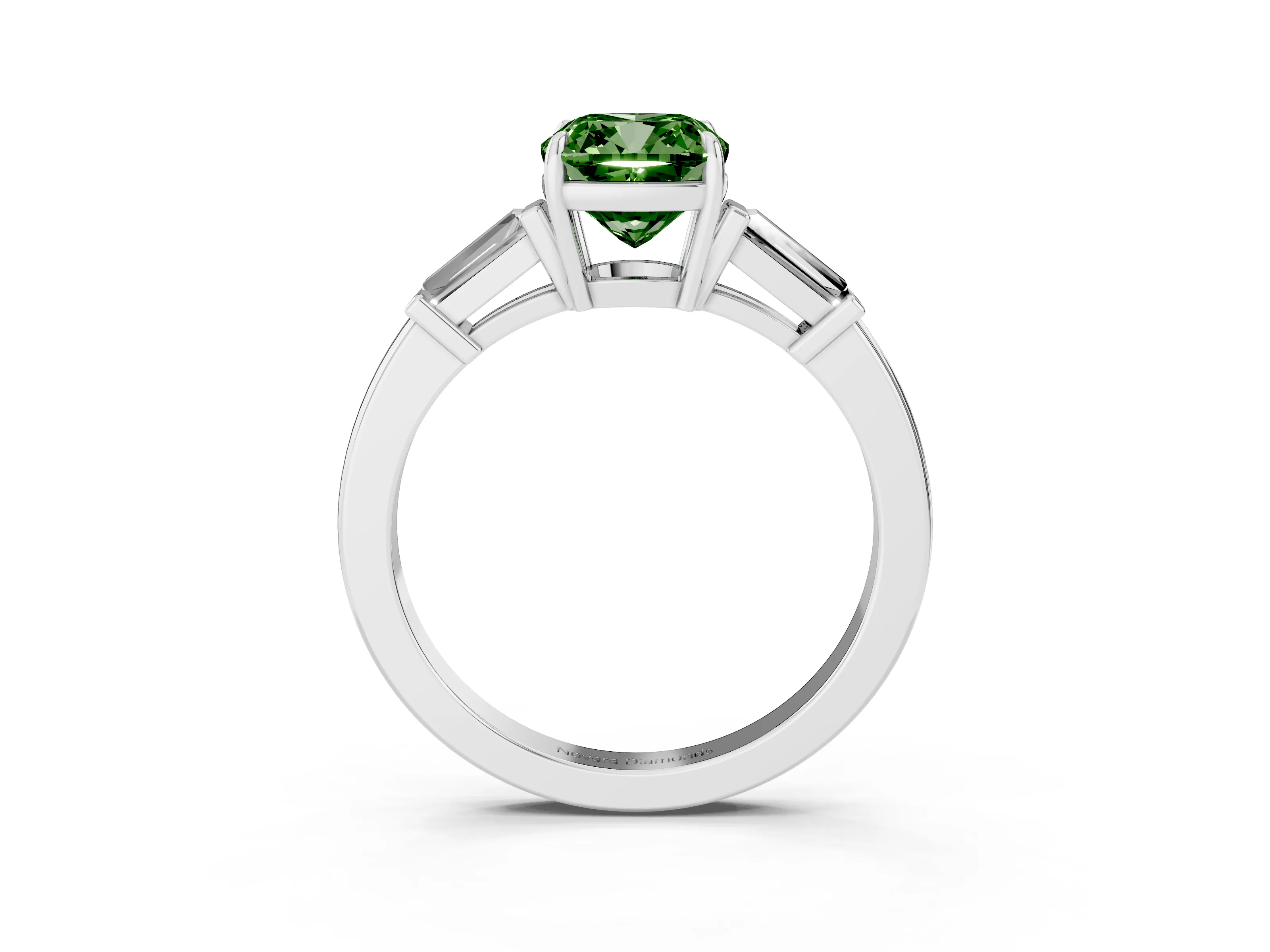 Fancy Green Cushion Cut Diamond Three-Stone Ring Set in Platinum with Tapered Baguette Side Stones and Prong Setting