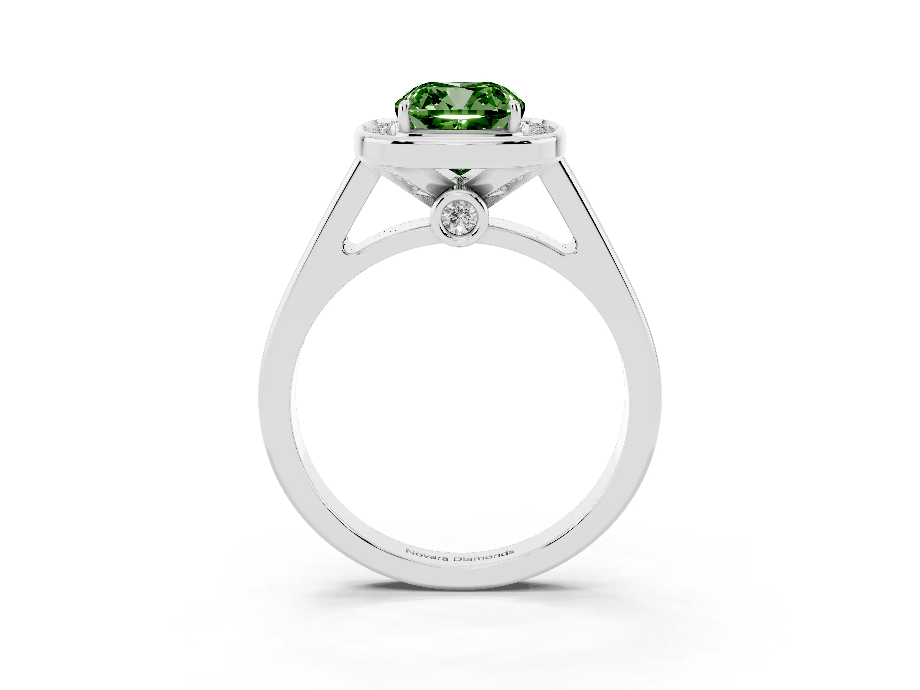 Fancy Green Cushion Cut Diamond Halo Solitaire Ring Set in Silver with Pavé Band and Bezel Setting