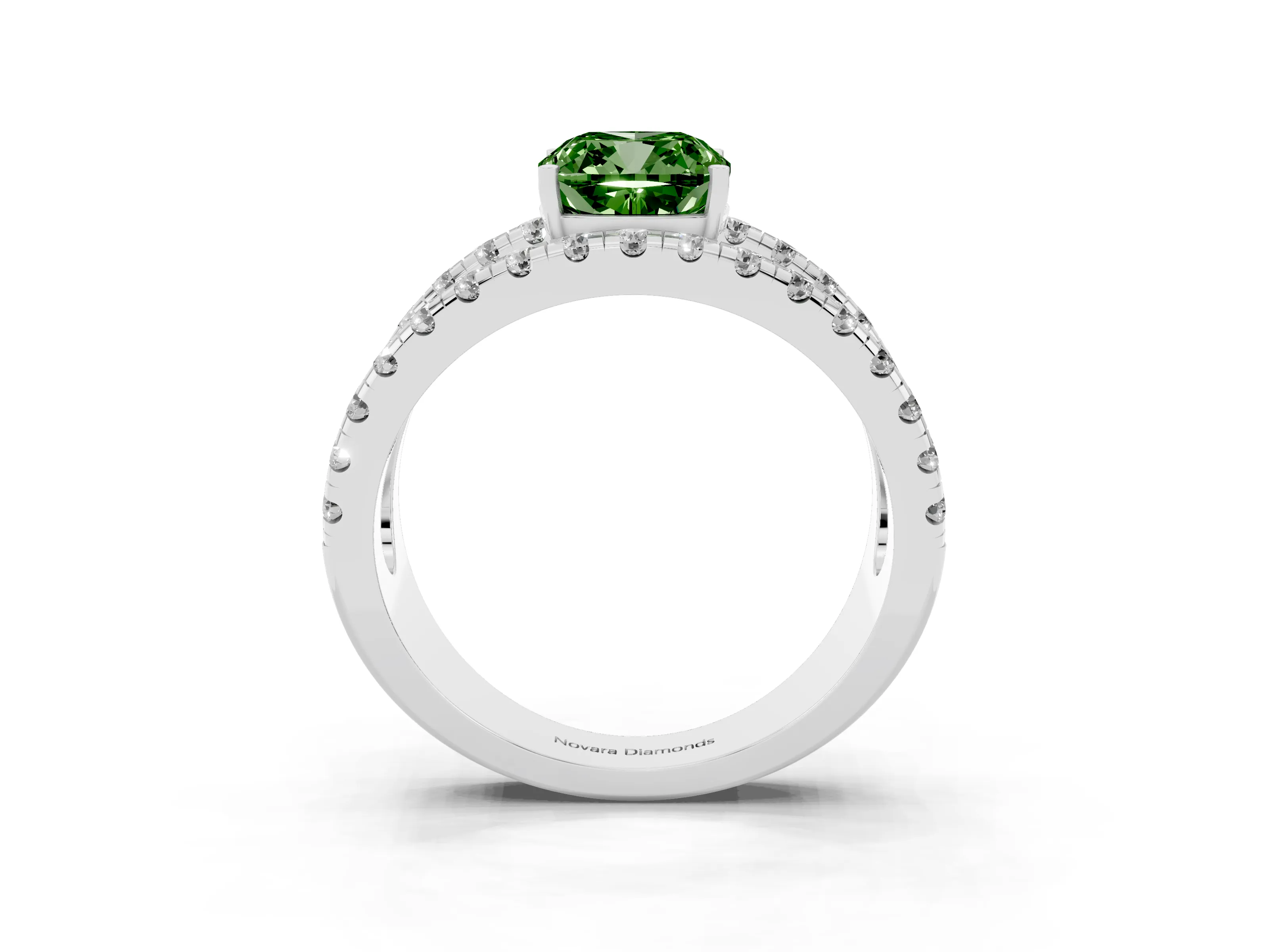 Fancy Green Cushion Cut Diamond Split Shank Pavé Solitaire Ring Set in Platinum with Open Shank Design