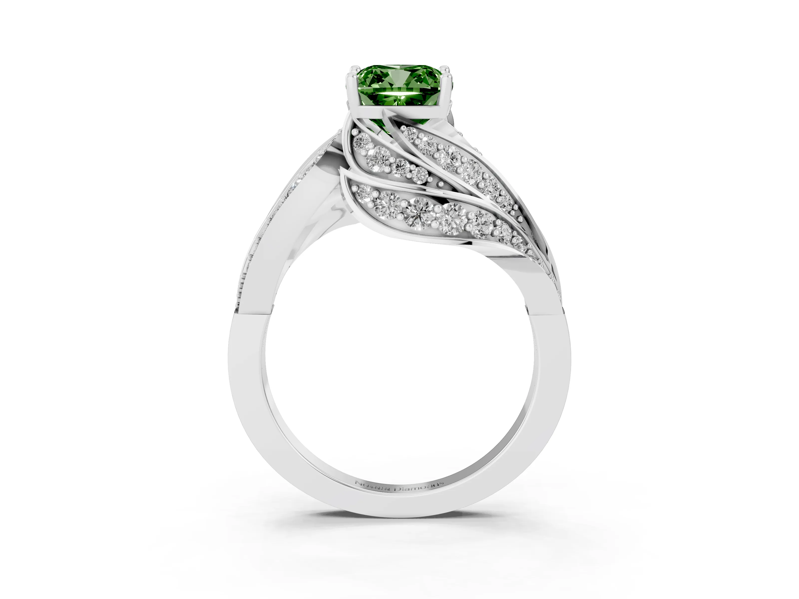 Fancy Green Cushion Cut Diamond Solitaire Ring Set in Silver with Layered Twist Pavé Band