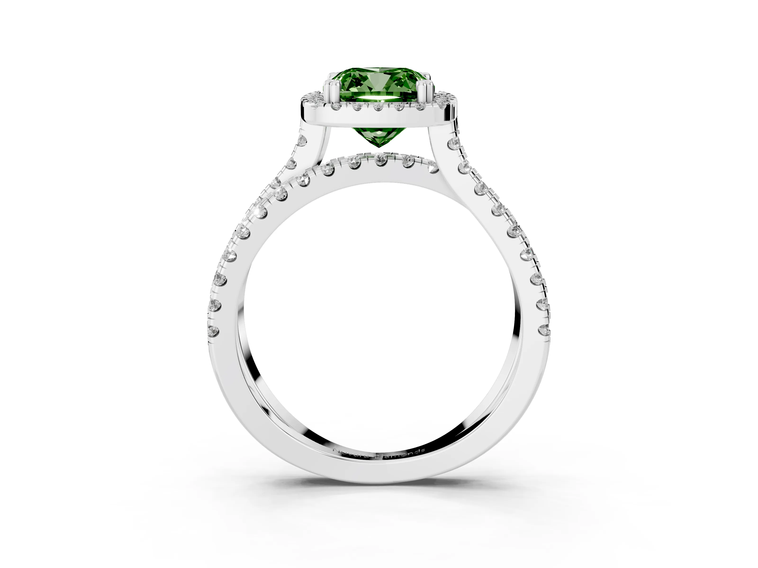 Fancy Green Cushion Cut Diamond Halo Split Shank Ring Set in Platinum with Pavé Setting