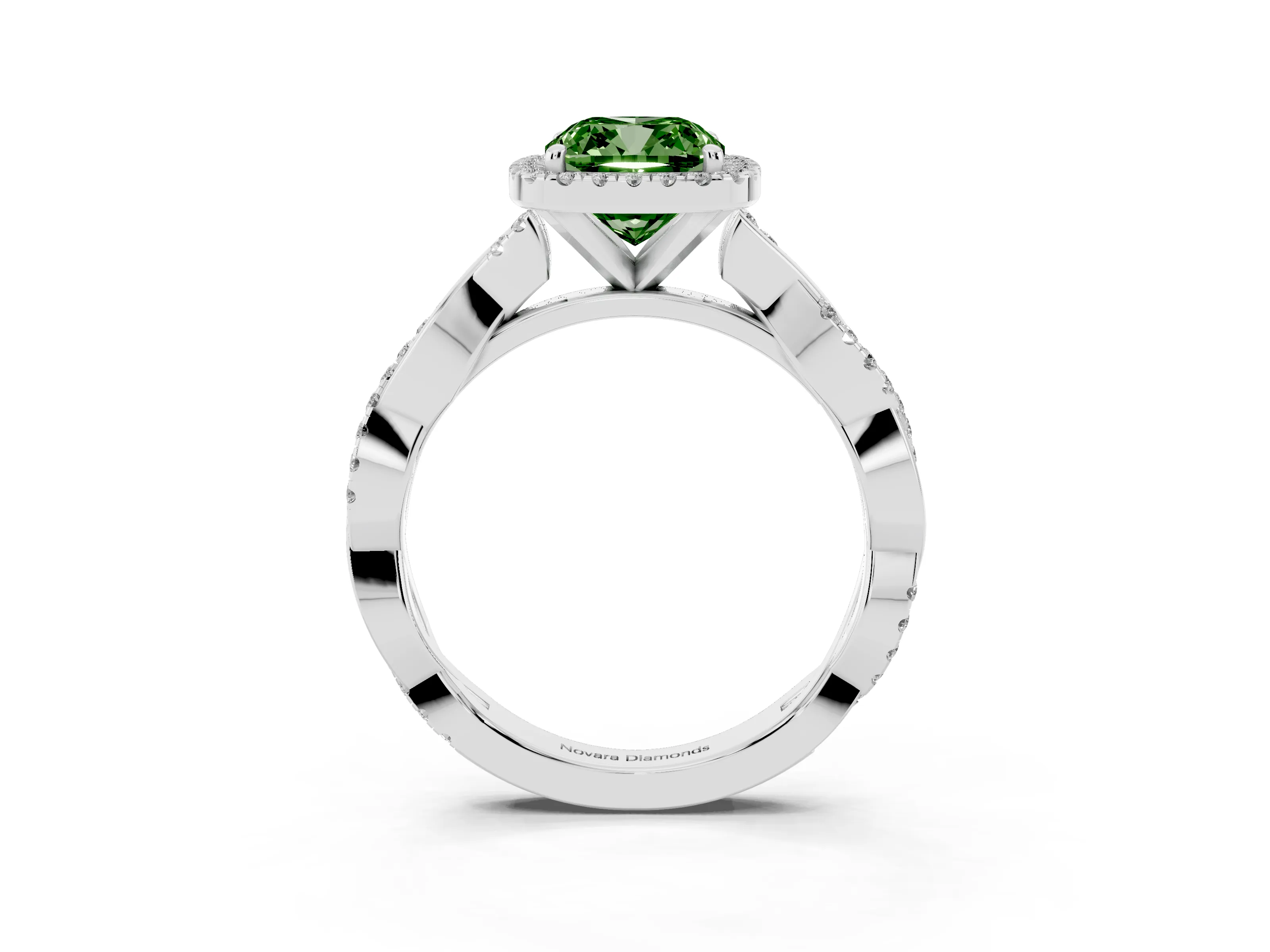 Fancy Green Cushion Cut Diamond Halo Twisted Band Ring Set in Platinum with Prong Setting