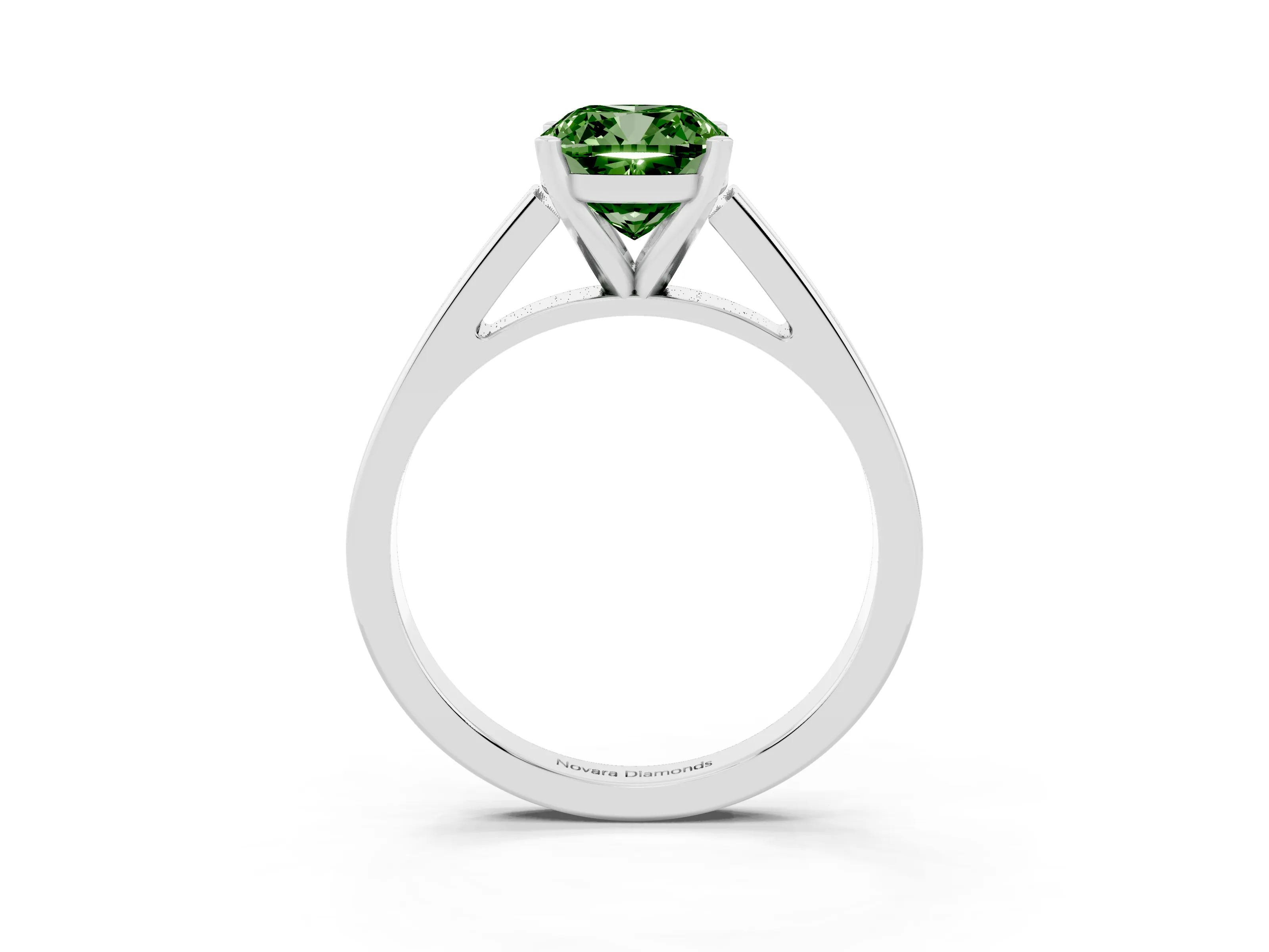 Fancy Green Cushion Cut Diamond Solitaire Engagement Ring Set in White gold with Prong Setting and Tapered Band