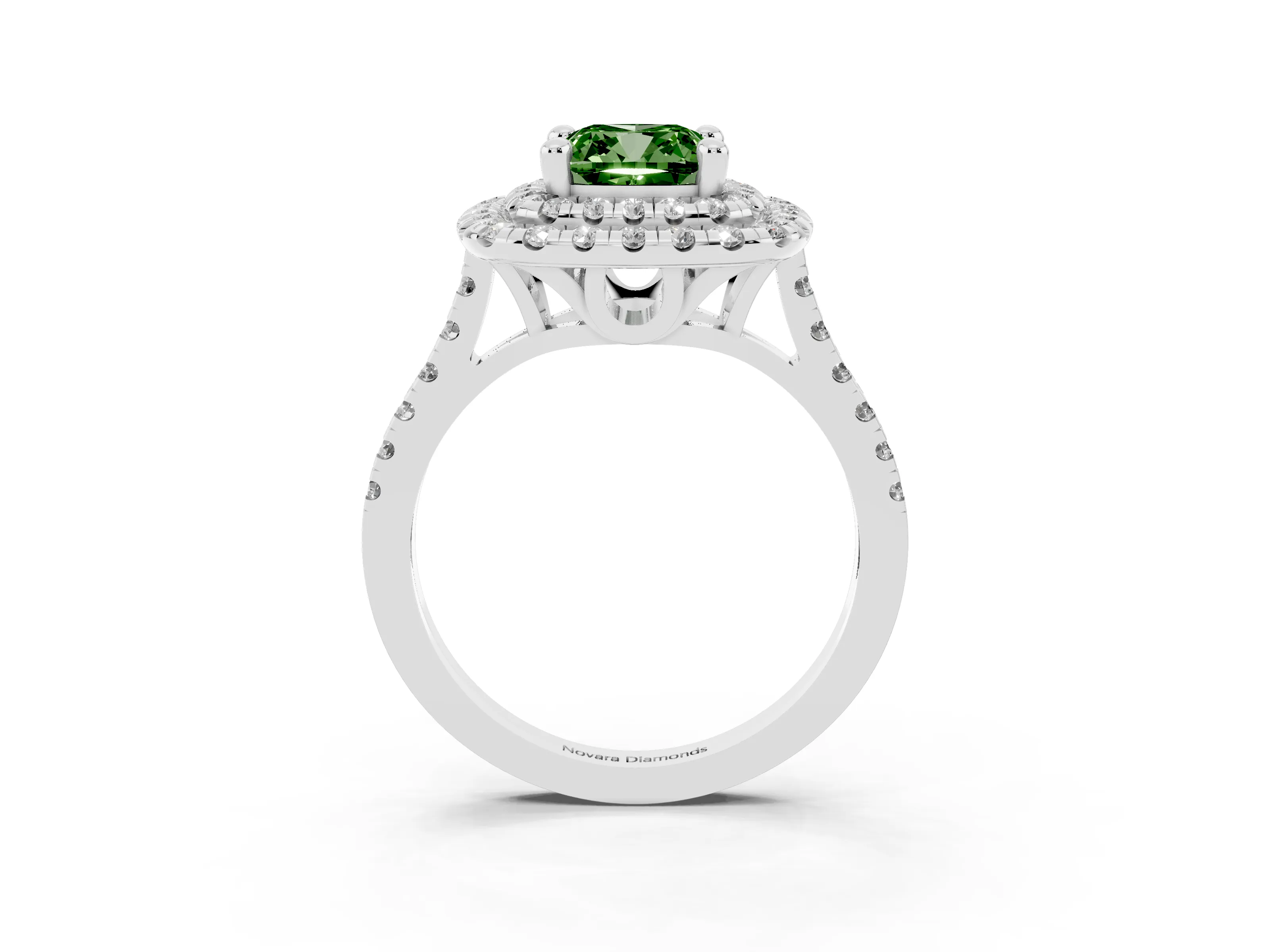 Fancy Green Cushion Cut Diamond Double Halo Statement Ring Set in White gold with Pavé Band