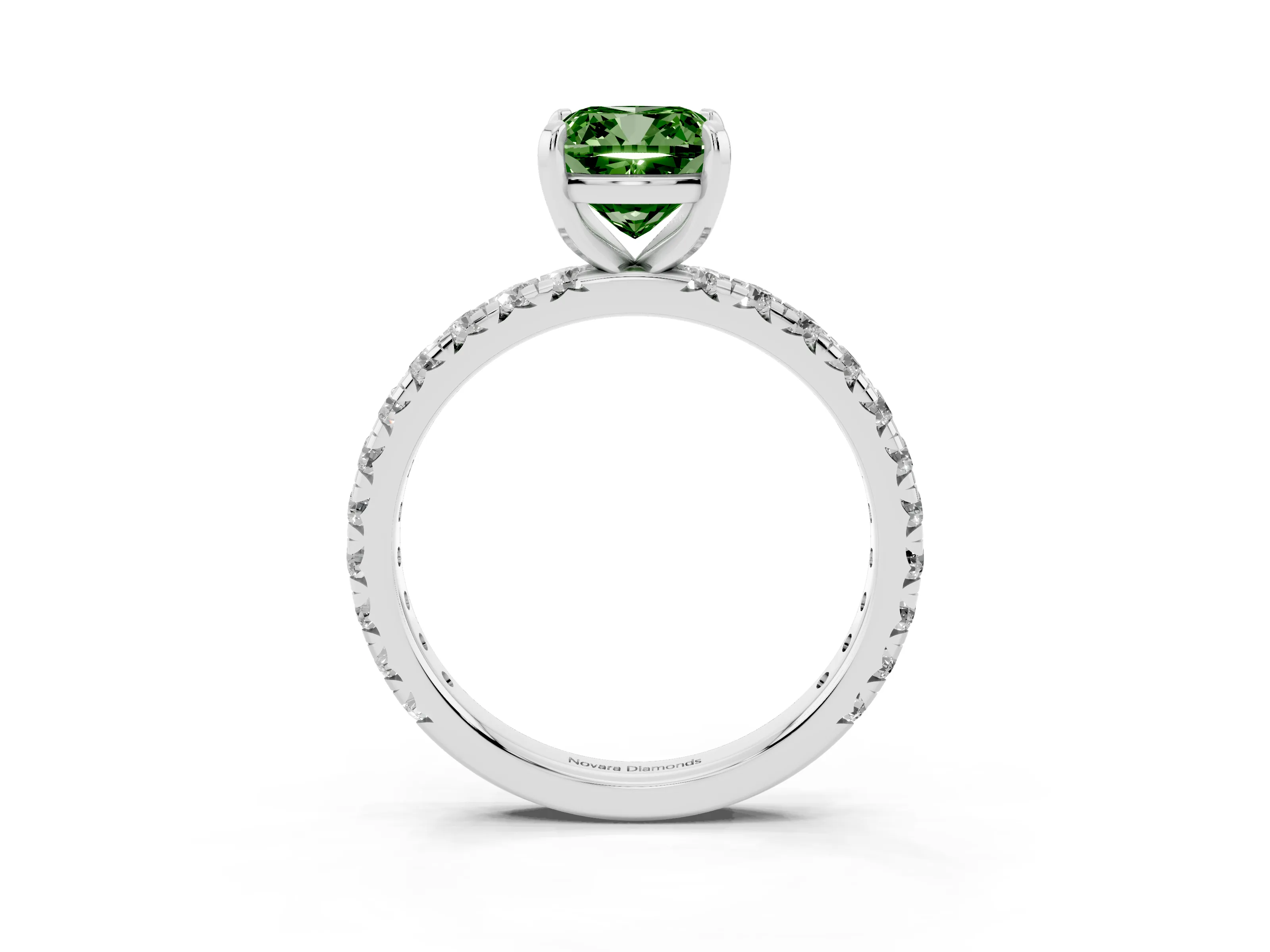 Fancy Green Cushion Cut Diamond Pavé Solitaire Ring Set in White gold with Round Band and Prong Setting