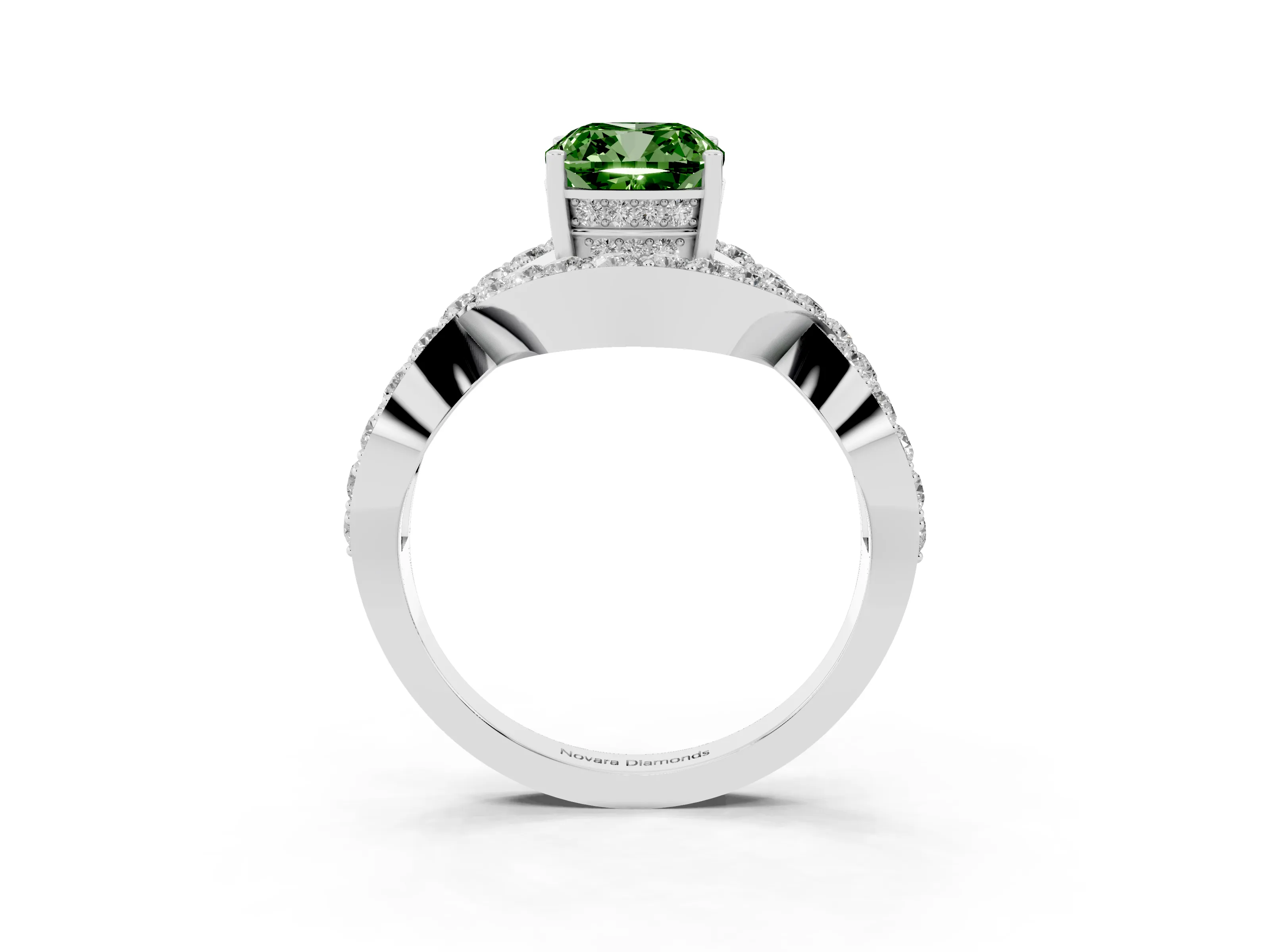 Fancy Green Cushion Cut Diamond Solitaire Twist Band Pavé Engagement Ring Set in Platinum