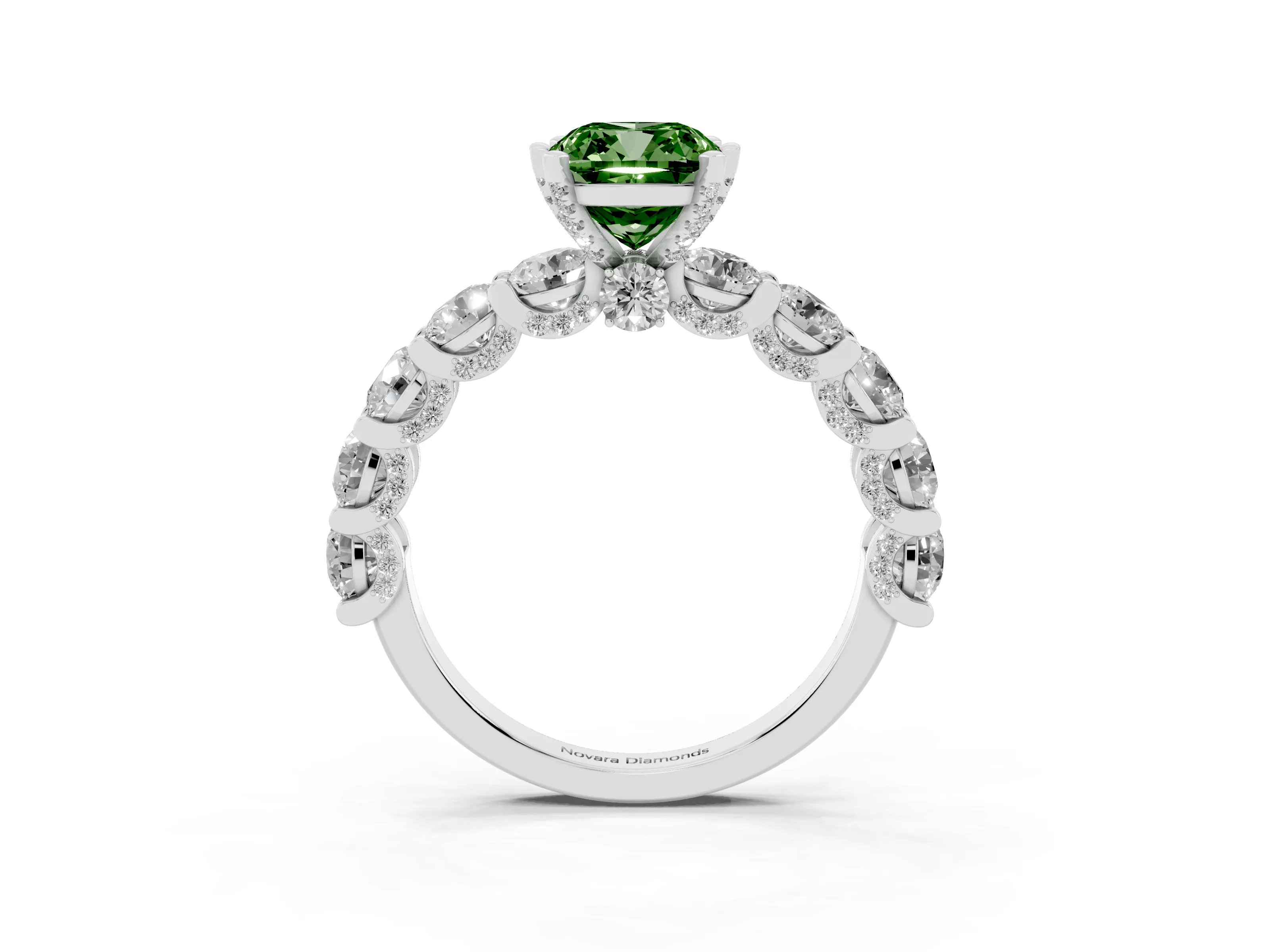 Fancy Green Cushion Cut Diamond Side Stone Ring Set in Silver with Alternating Round and Oval Side Stones