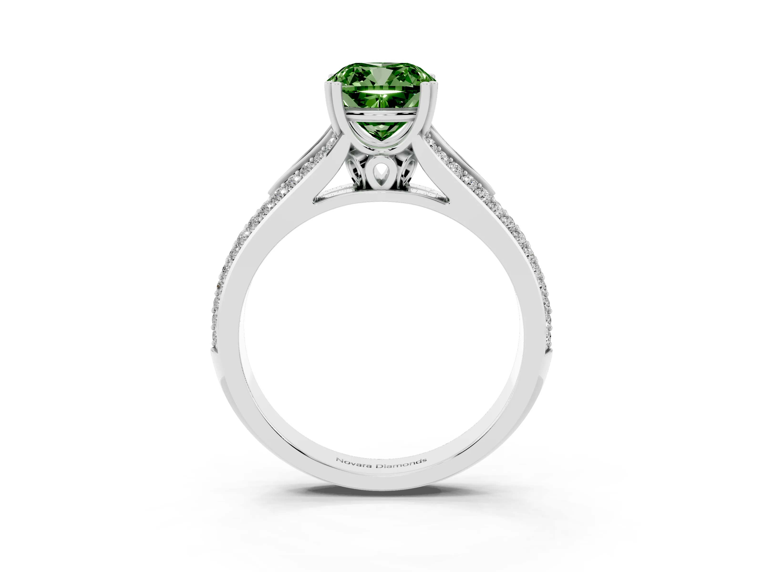 Fancy Green Cushion Cut Diamond Split Shank Pavé Engagement Ring Set in Platinum with Prong-Set Center Stone