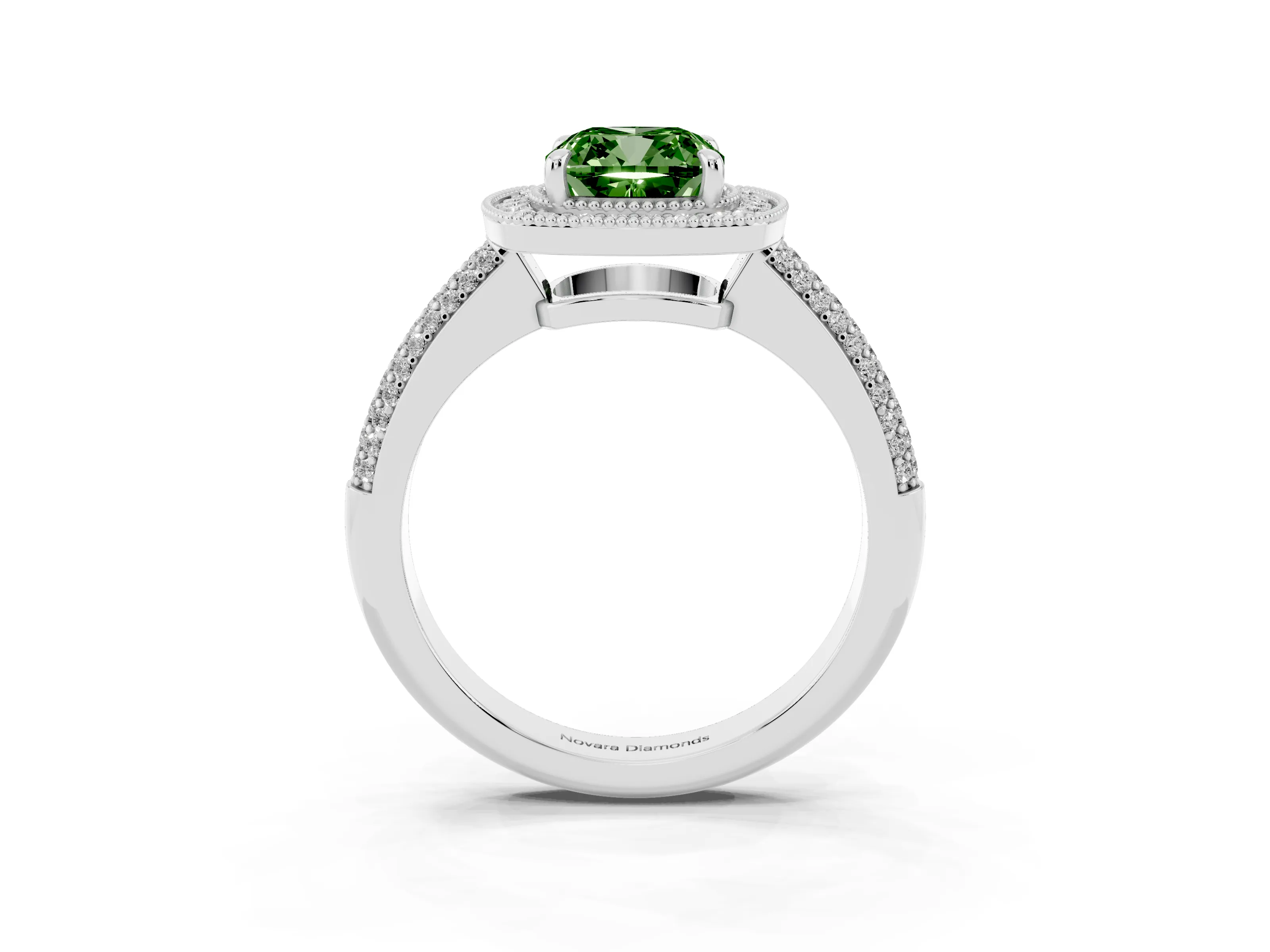 Fancy Green Cushion Cut Diamond Halo Pavé Band Set in Platinum with Prong Setting