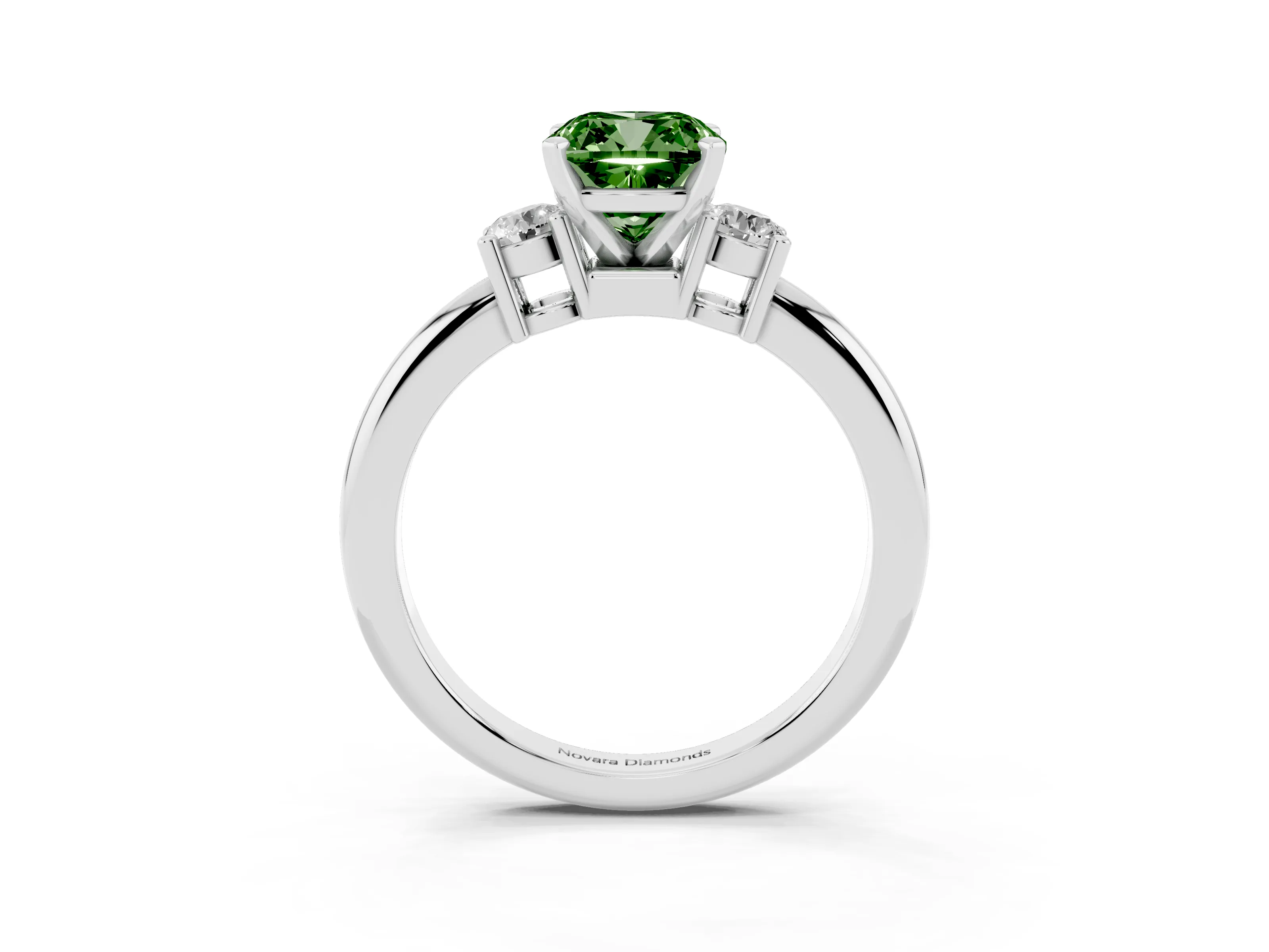 Fancy Green Three-Stone Cushion Cut Diamond Ring Set in Silver with Prong Setting and Plain Band