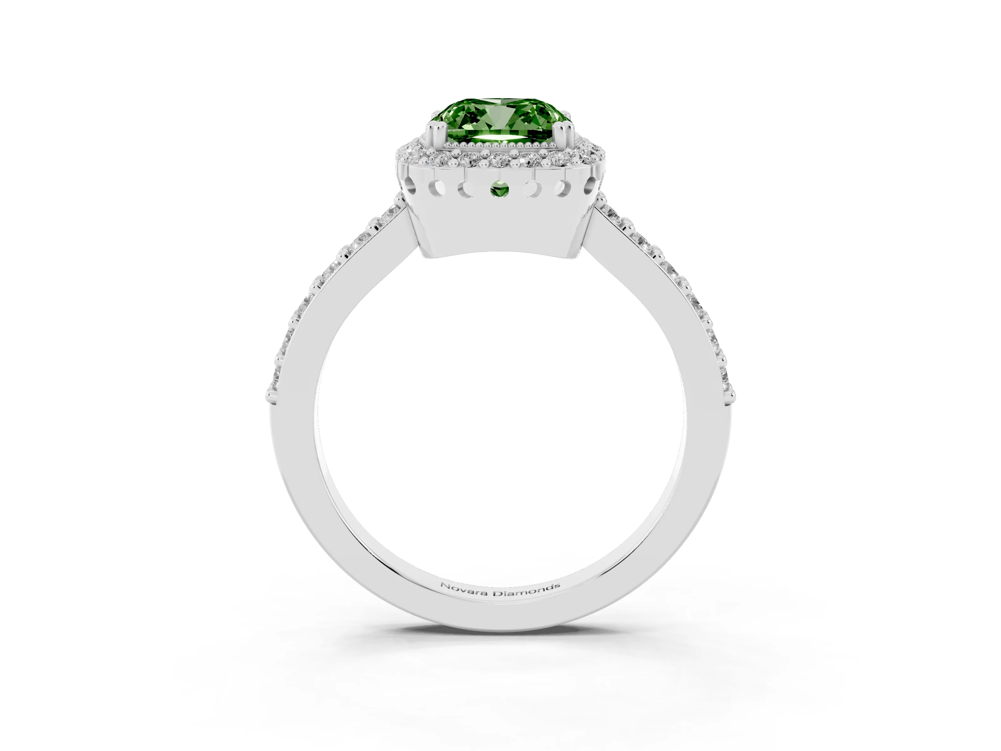 Fancy Green Cushion Cut Diamond Halo Engagement Ring Set in Silver with Milgrain Detail and Pavé Band
