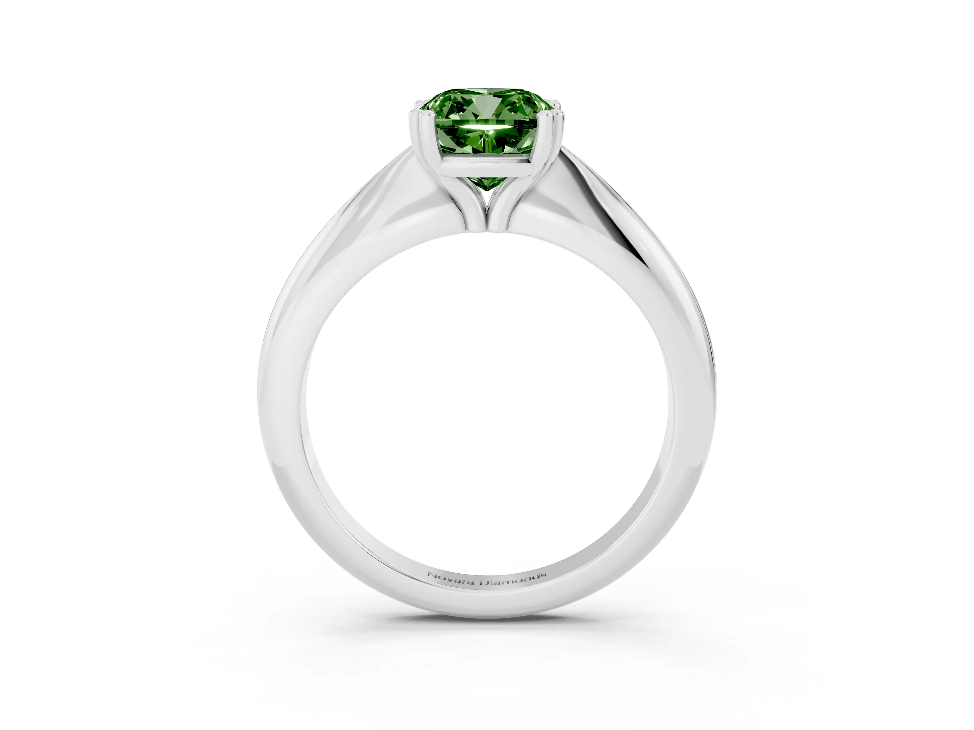 Fancy Green Cushion Cut Diamond Solitaire Engagement Ring Set in White gold with Tapered Band and Prong Setting