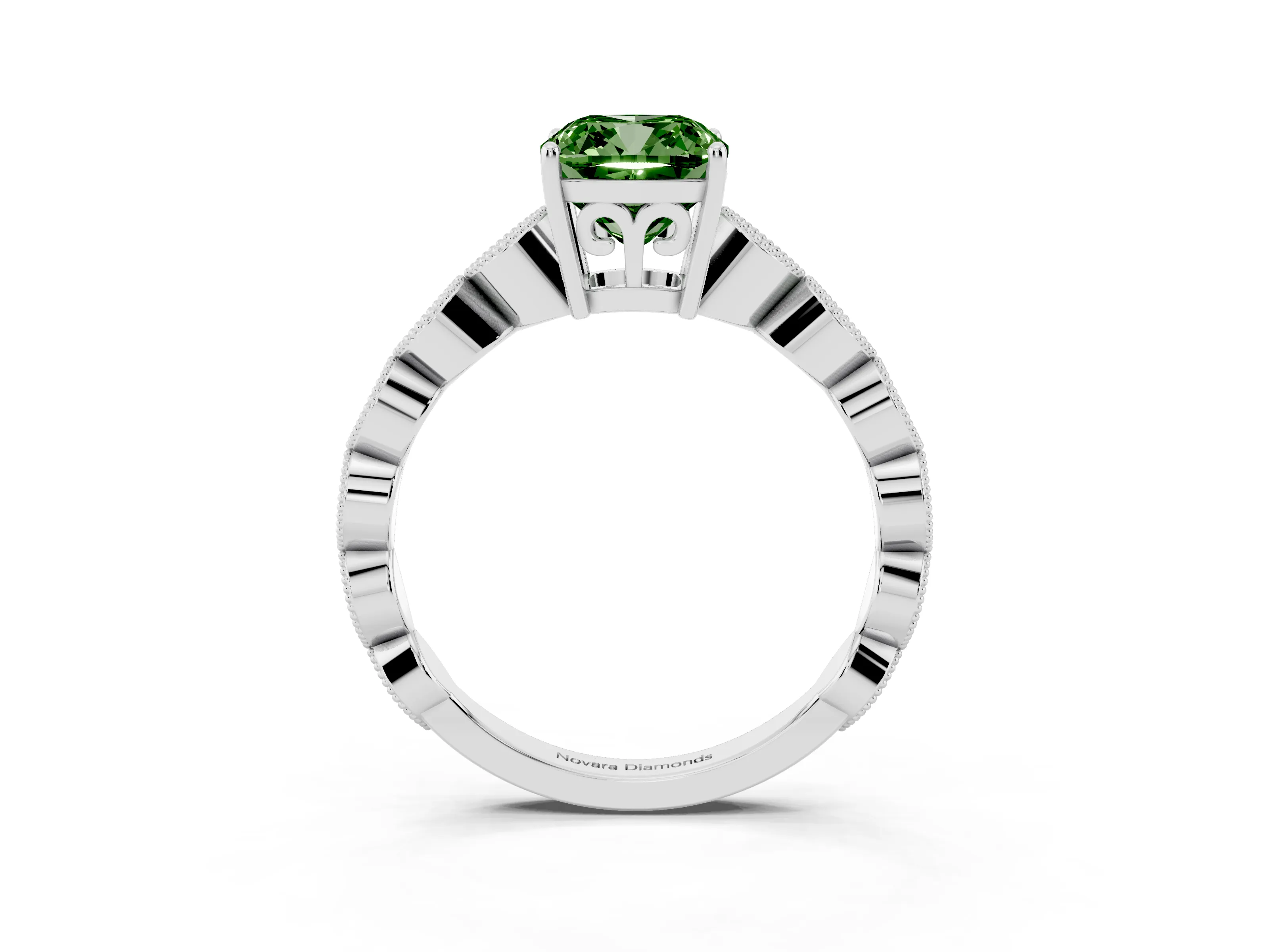 Fancy Green Cushion Cut Diamond Solitaire Ring Set in White gold with Infinity Twist Pavé Band
