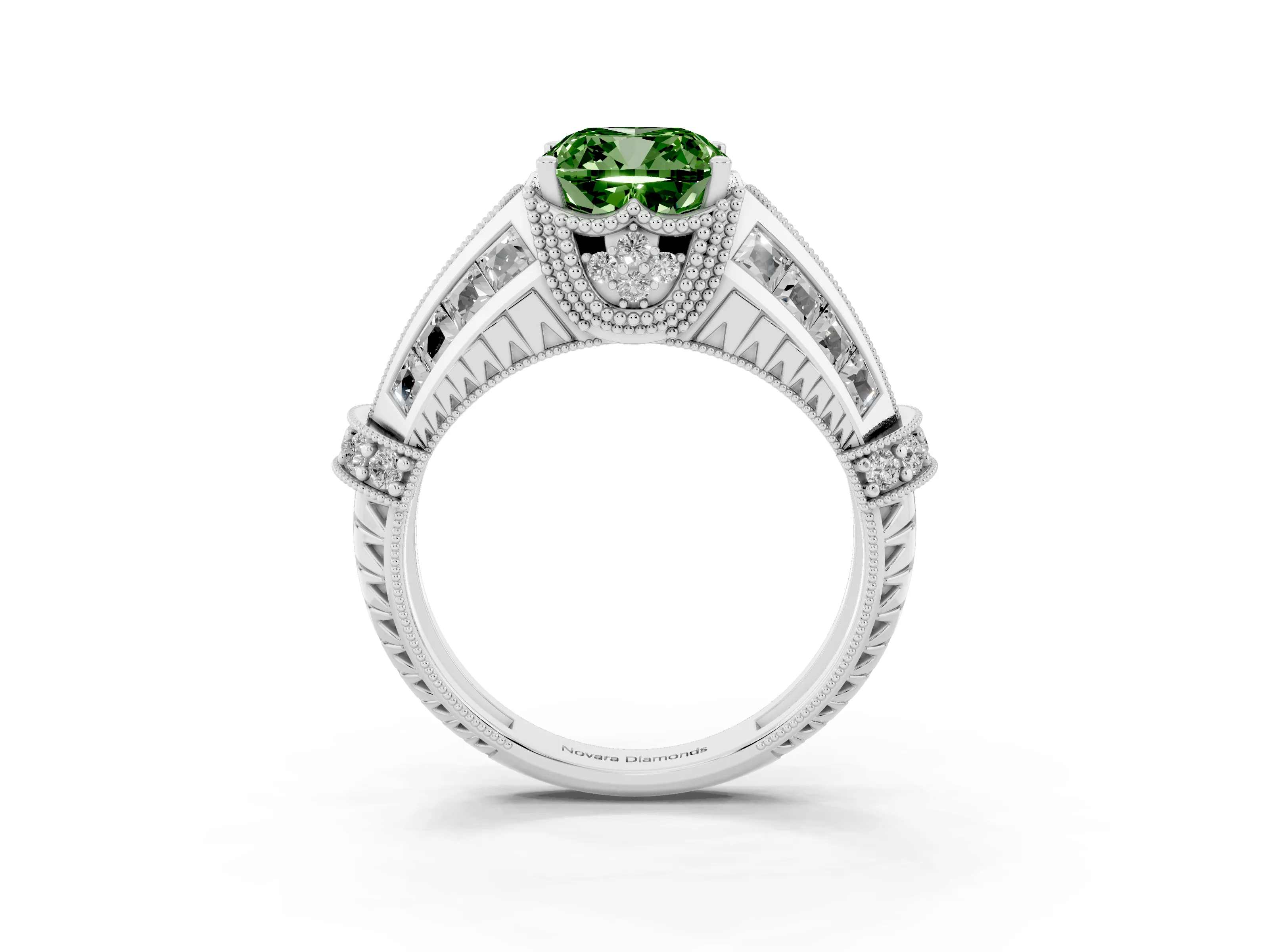 Fancy Green Cushion Cut Diamond Vintage-Inspired Milgrain Ring Set in Silver with Accent Split Shank