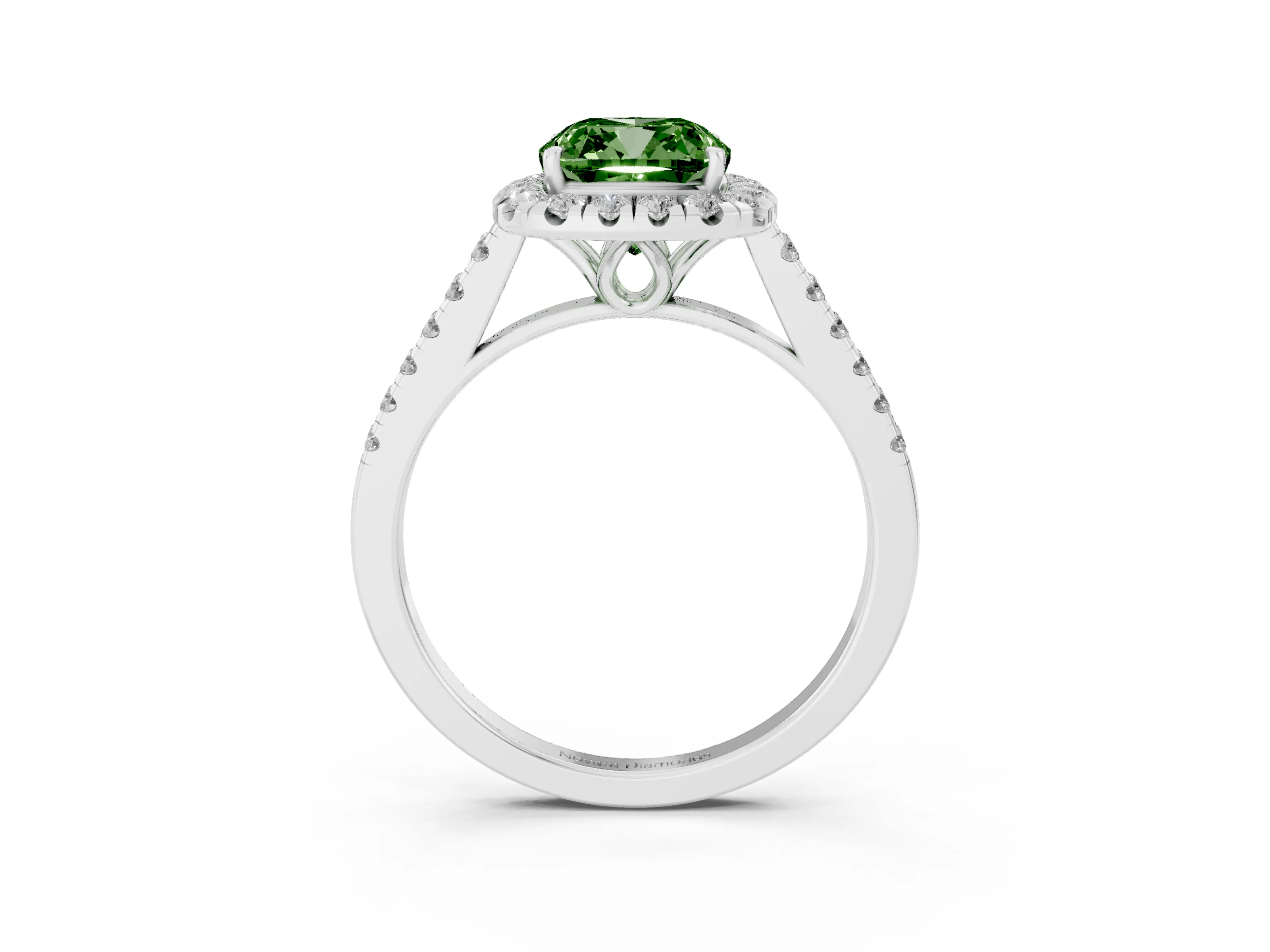 Fancy Green Cushion Cut Diamond Pavé Halo Engagement Ring Set in White gold with Pavé Band and Prong Setting