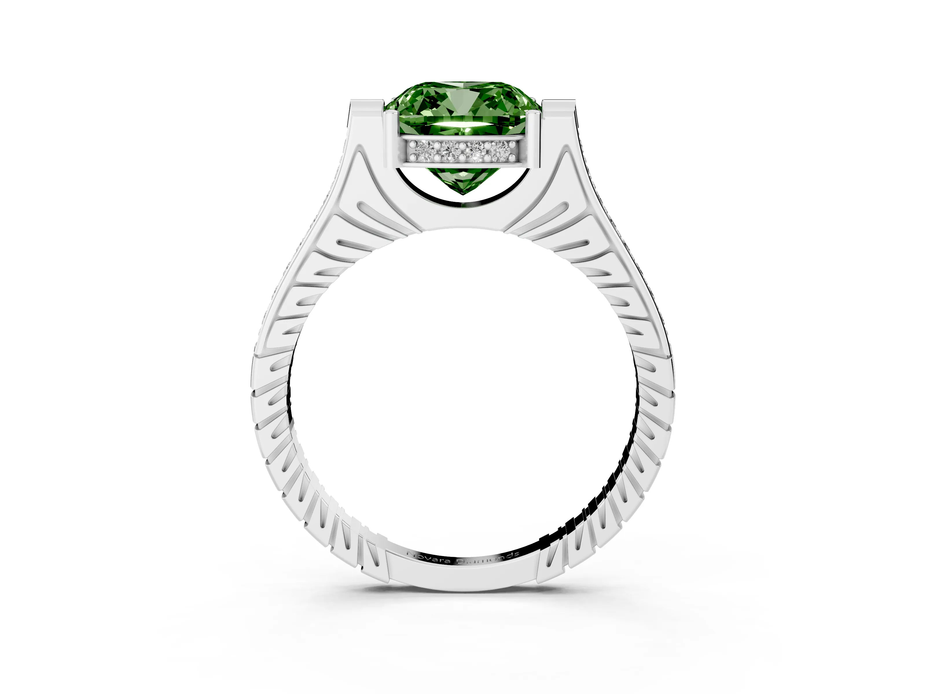 Fancy Green Cushion Cut Diamond Solitaire Ring Set in White gold with Channel Set Band and Bezel Prong Setting