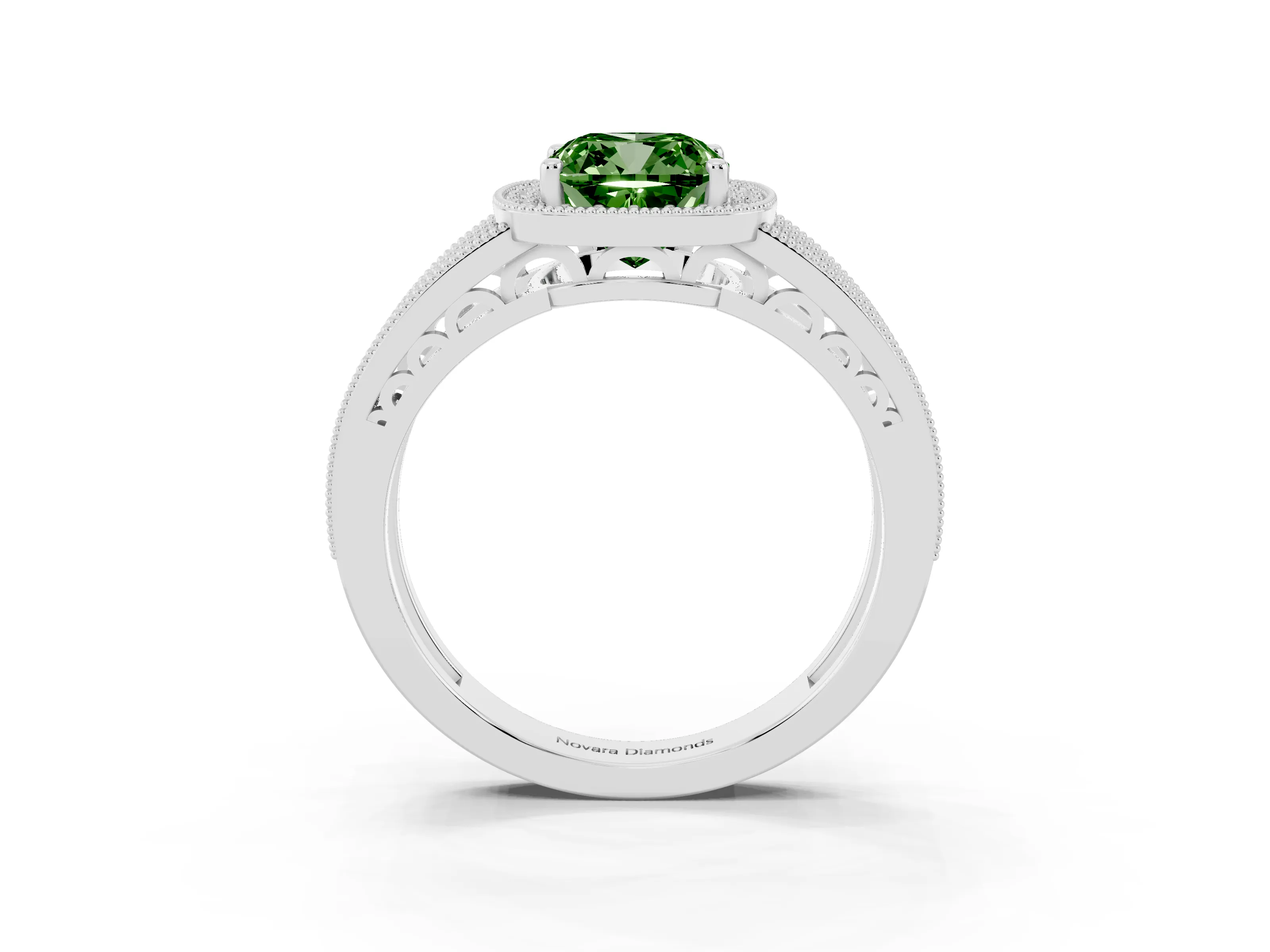Fancy Green Cushion Cut Diamond Halo Ring Set in Platinum with Accent Split Shank and Prong Setting
