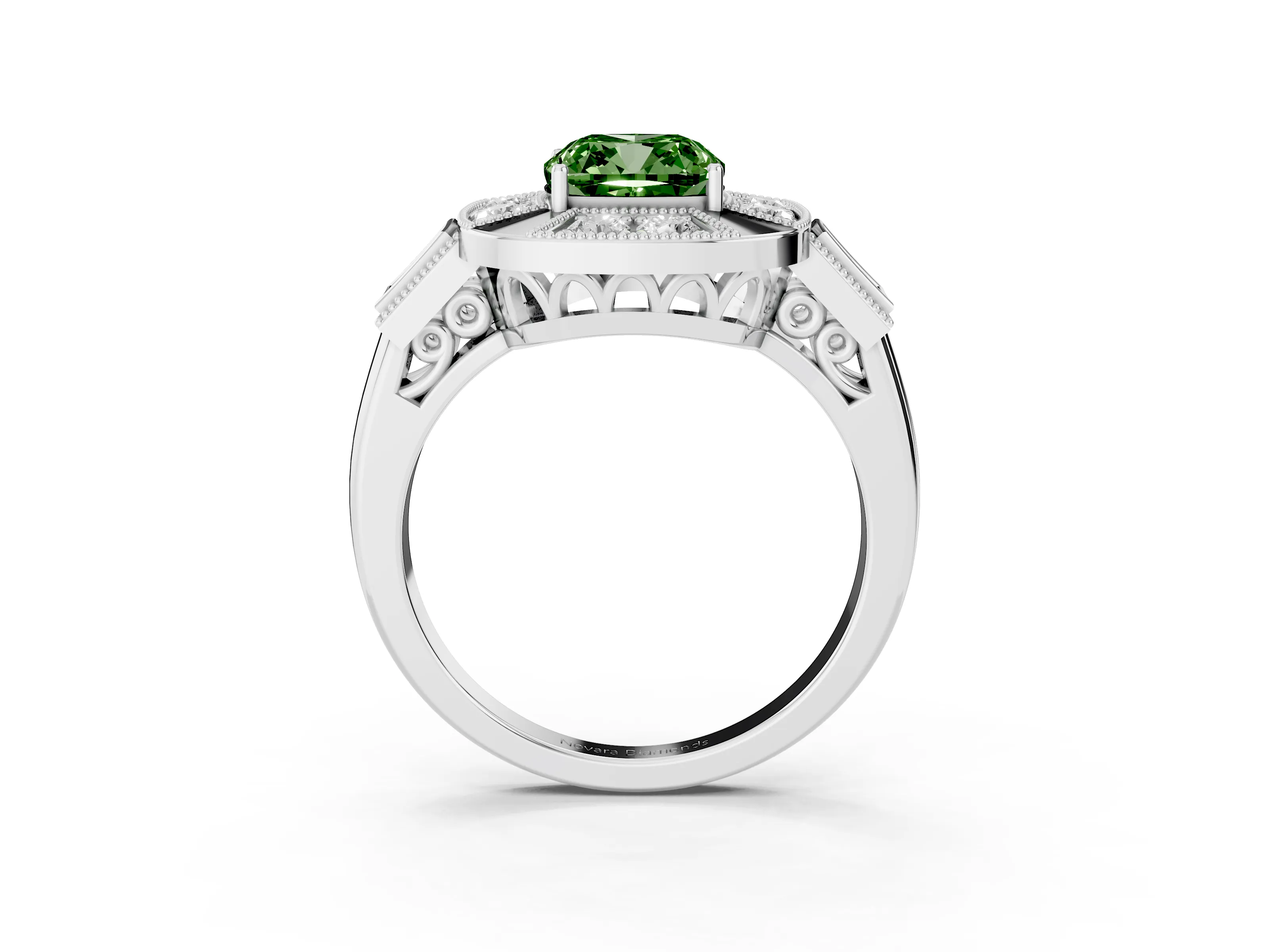 Fancy Green Cushion Cut Diamond Milgrain Halo Ring Set in Platinum with Split Shank
