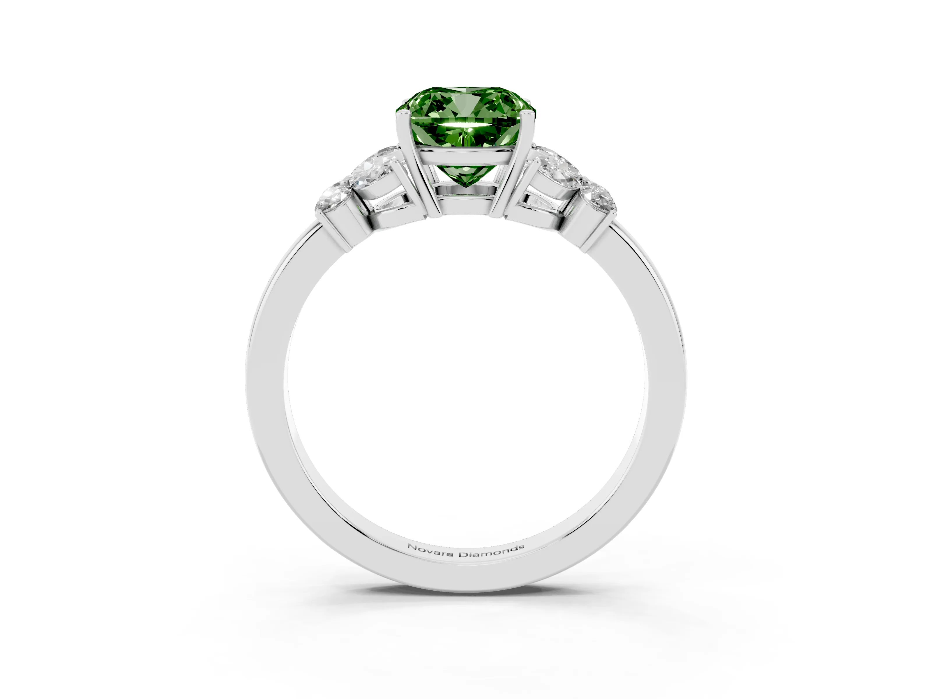 Fancy Green Cushion Cut Diamond Solitaire Floral Ring Set in Platinum with Marquise Petals and Prong Setting