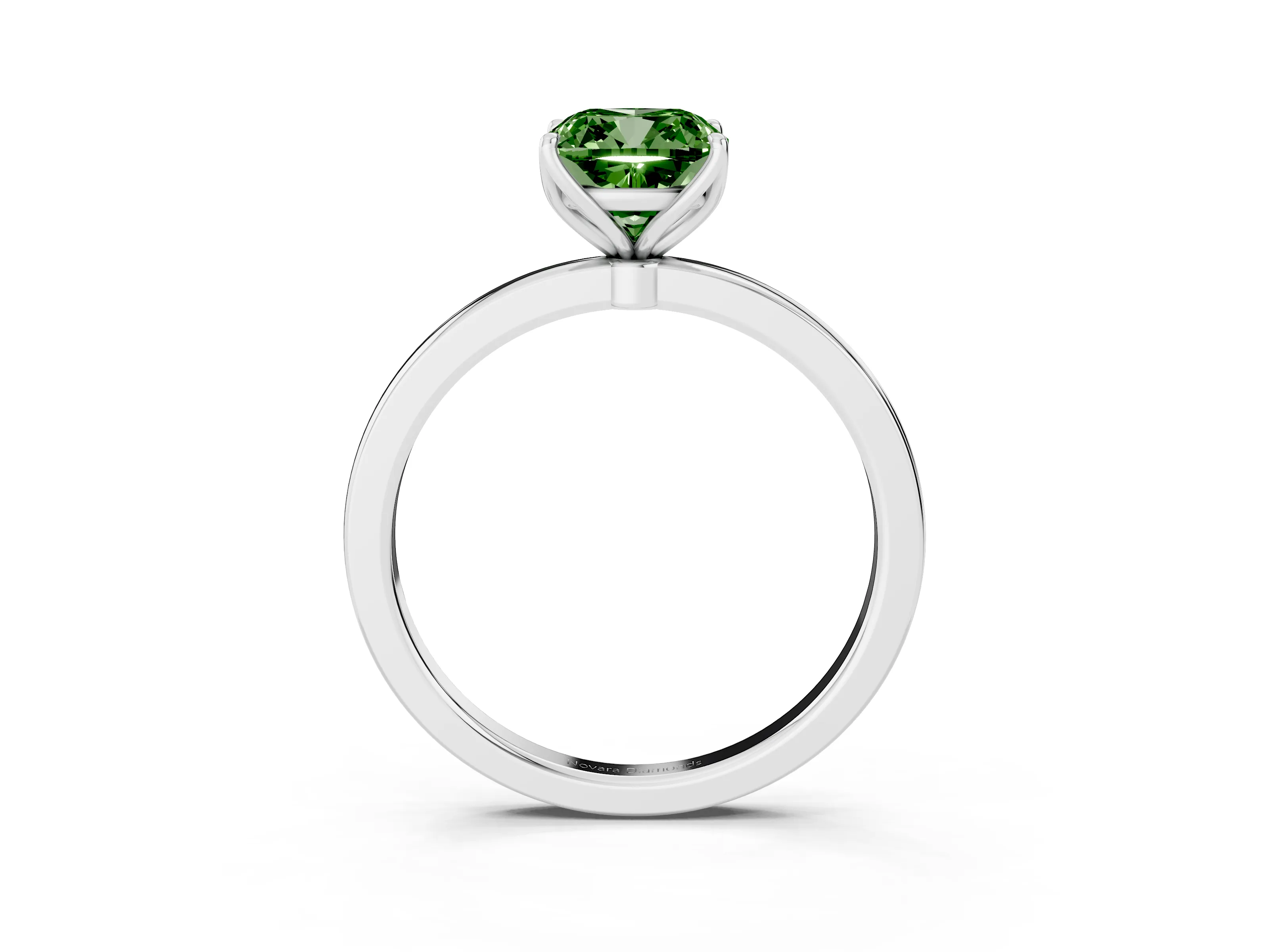 Fancy Green Cushion Cut Diamond Solitaire Ring Set in White gold with Prong Setting and Thin Polished Band