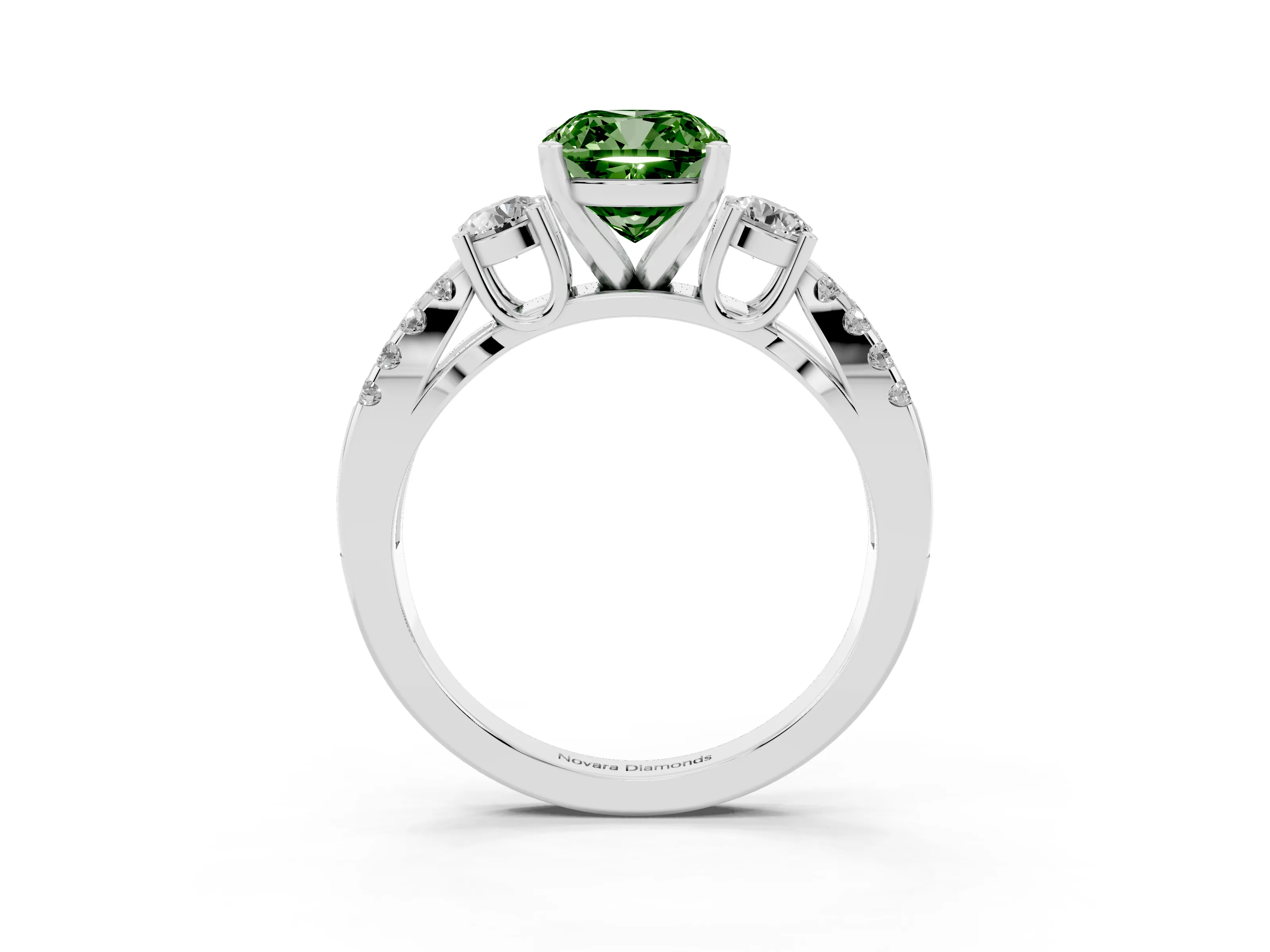 Fancy Green Cushion Cut Diamond Three-Stone Ring Set in Platinum with Pavé Split Shank and Prong Setting