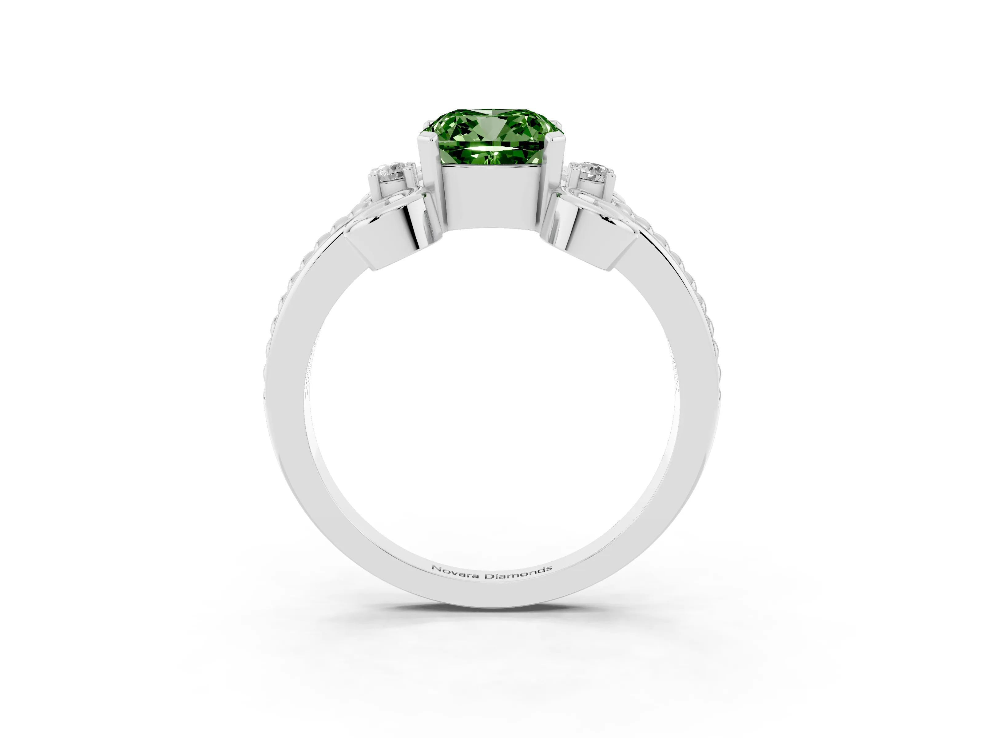 Fancy Green Cushion Cut Diamond Twisted Band Solitaire Ring Set in White gold with Scroll Prongs