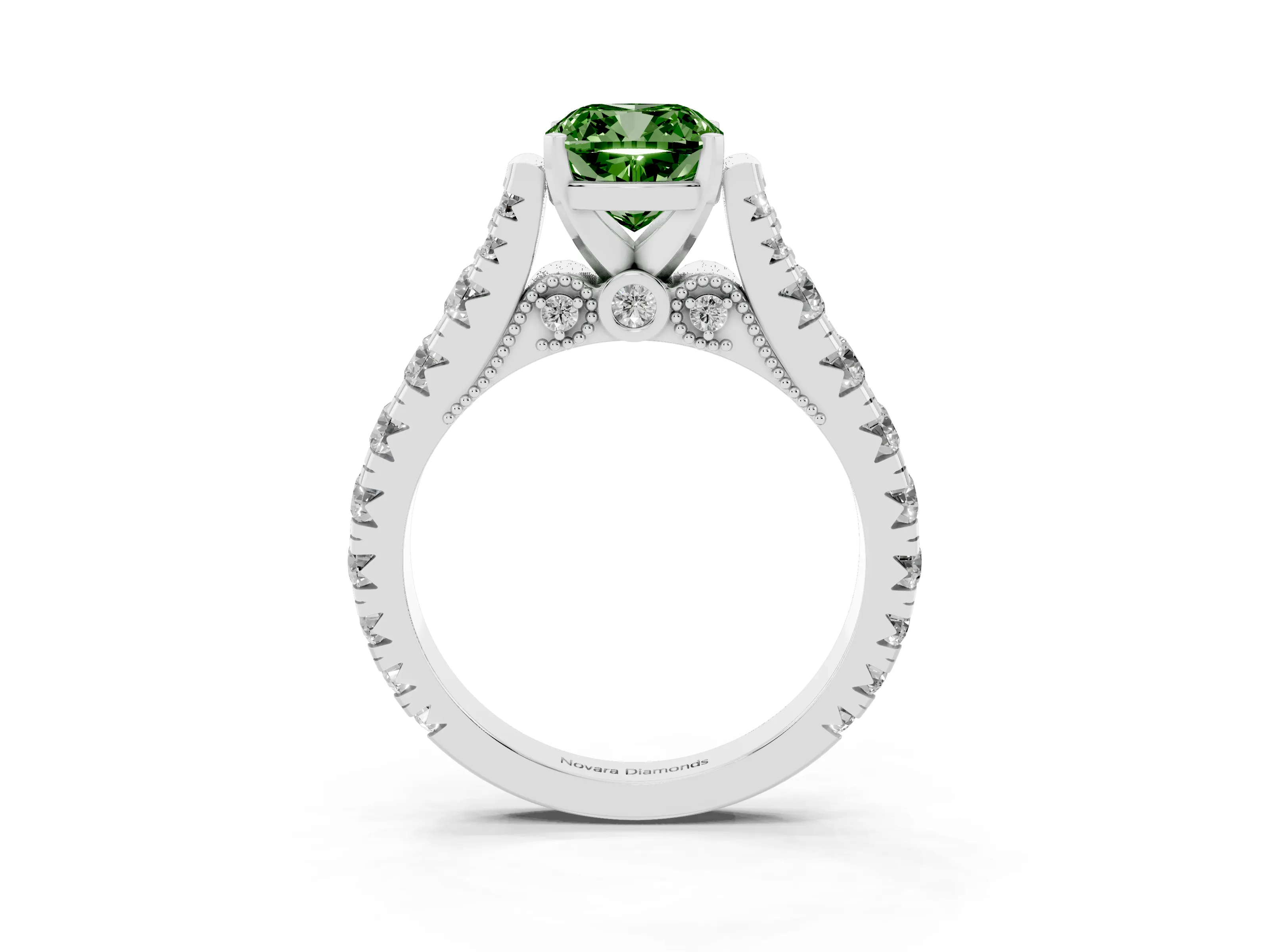 Fancy Green Cushion Cut Diamond Classic Solitaire Ring Set in White gold with Pavé Band and Prong Setting