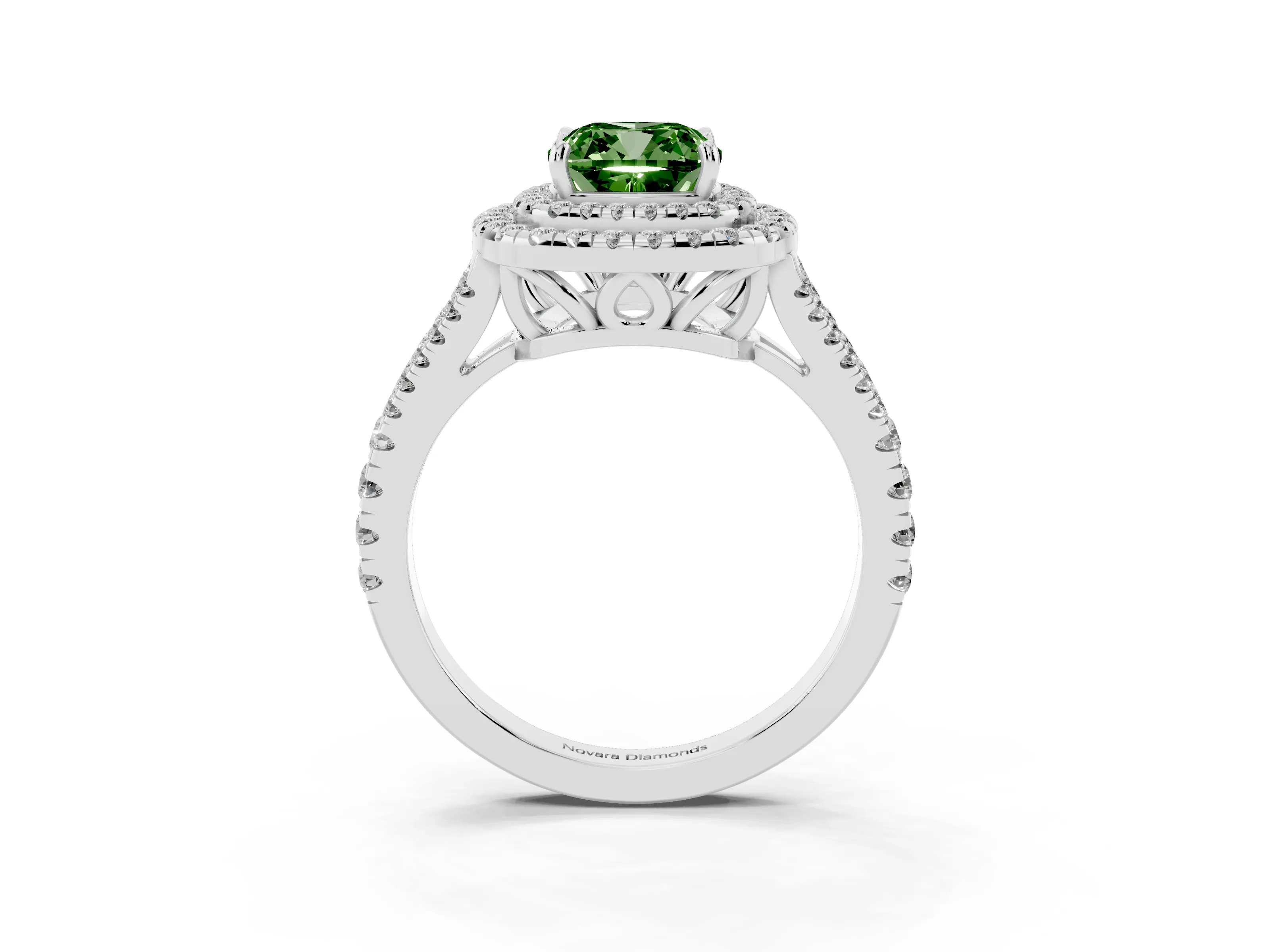 Fancy Green Cushion Cut Diamond Double Halo Ring Set in Platinum with Pavé Band