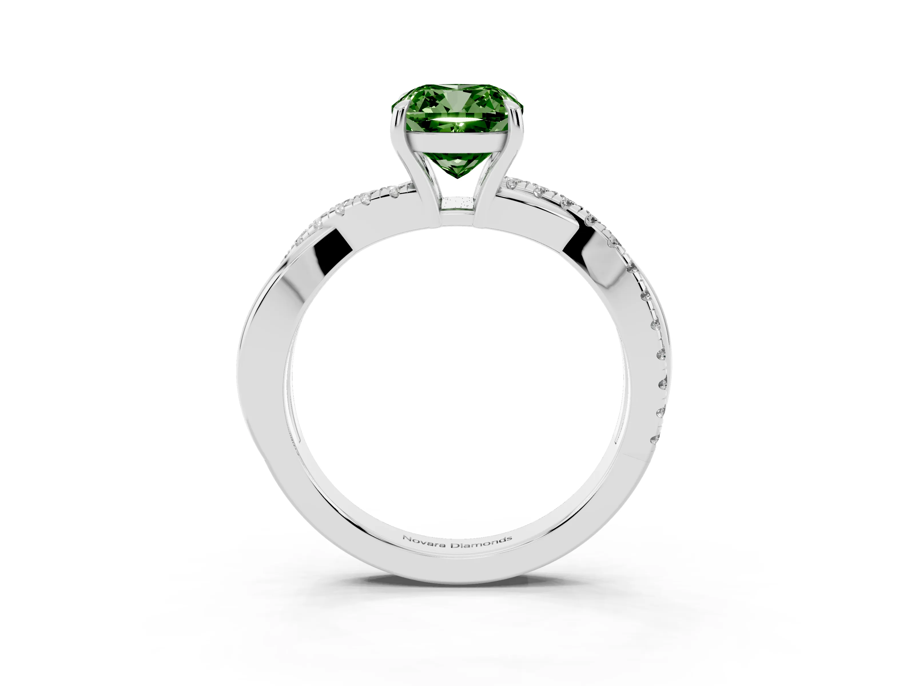 Fancy Green Cushion Cut Diamond Twisted Pavé Band Ring Set in White gold with Prong Setting