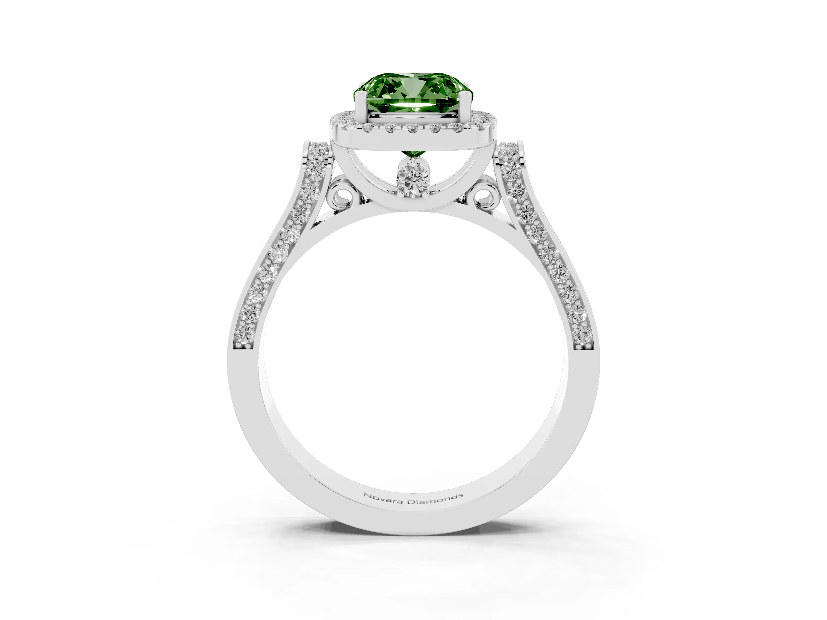 Fancy Green Cushion Cut Diamond Halo Ring Set in Silver with Pavé-Lined Split Shank Band