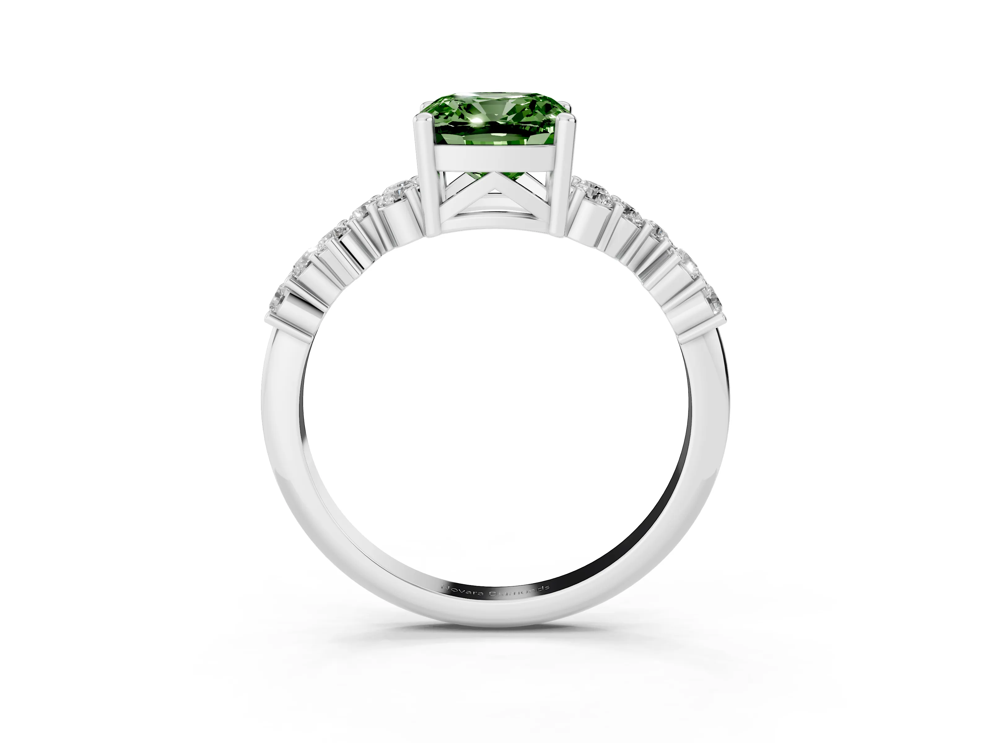 Fancy Green Cushion Cut Diamond Ring Set in White gold with Scattered Round Accents