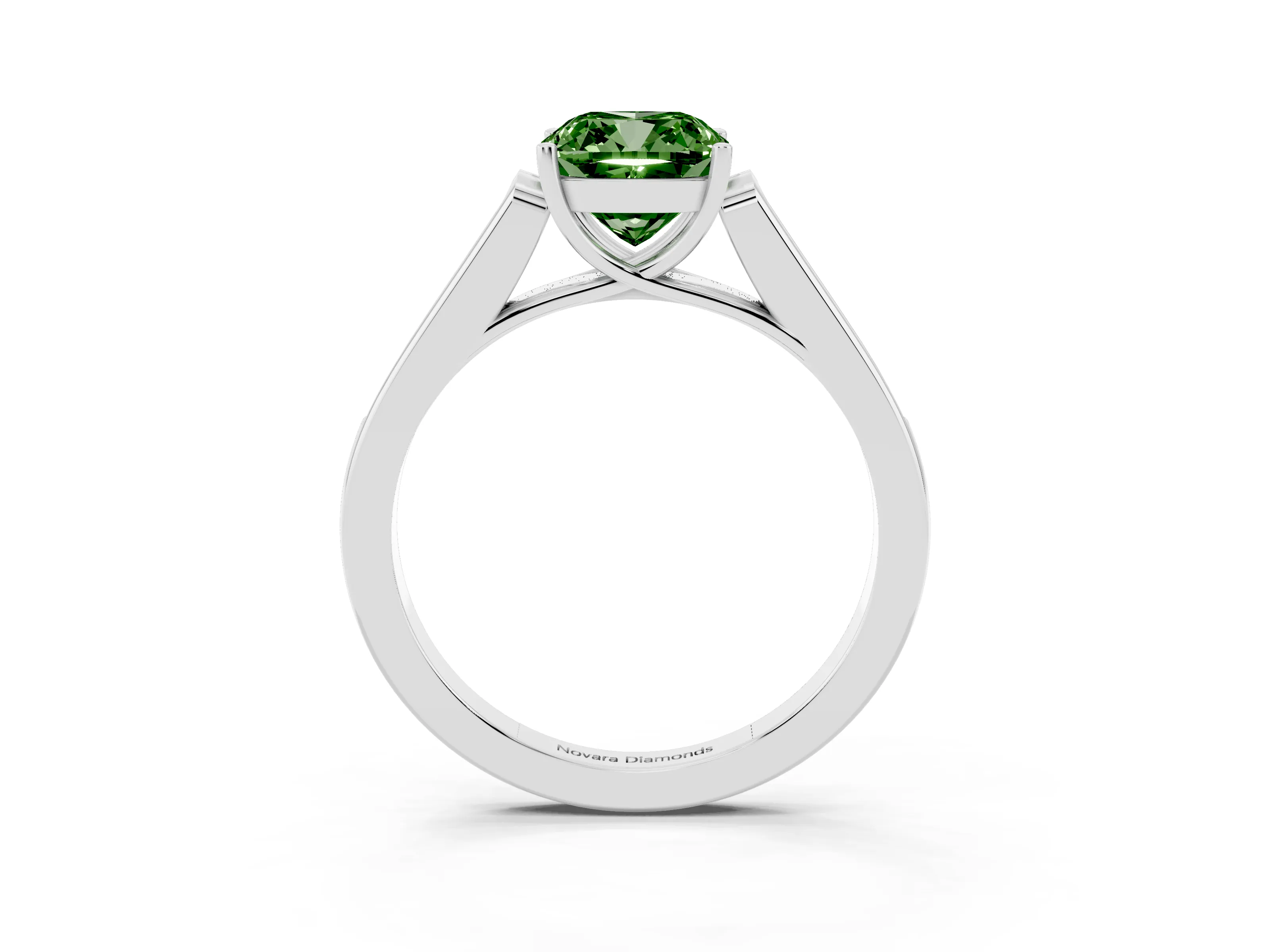 Fancy Green Cushion Cut Diamond Solitaire Cathedral Engagement Ring Set in Silver with Channel-Set Band and Prong Setting