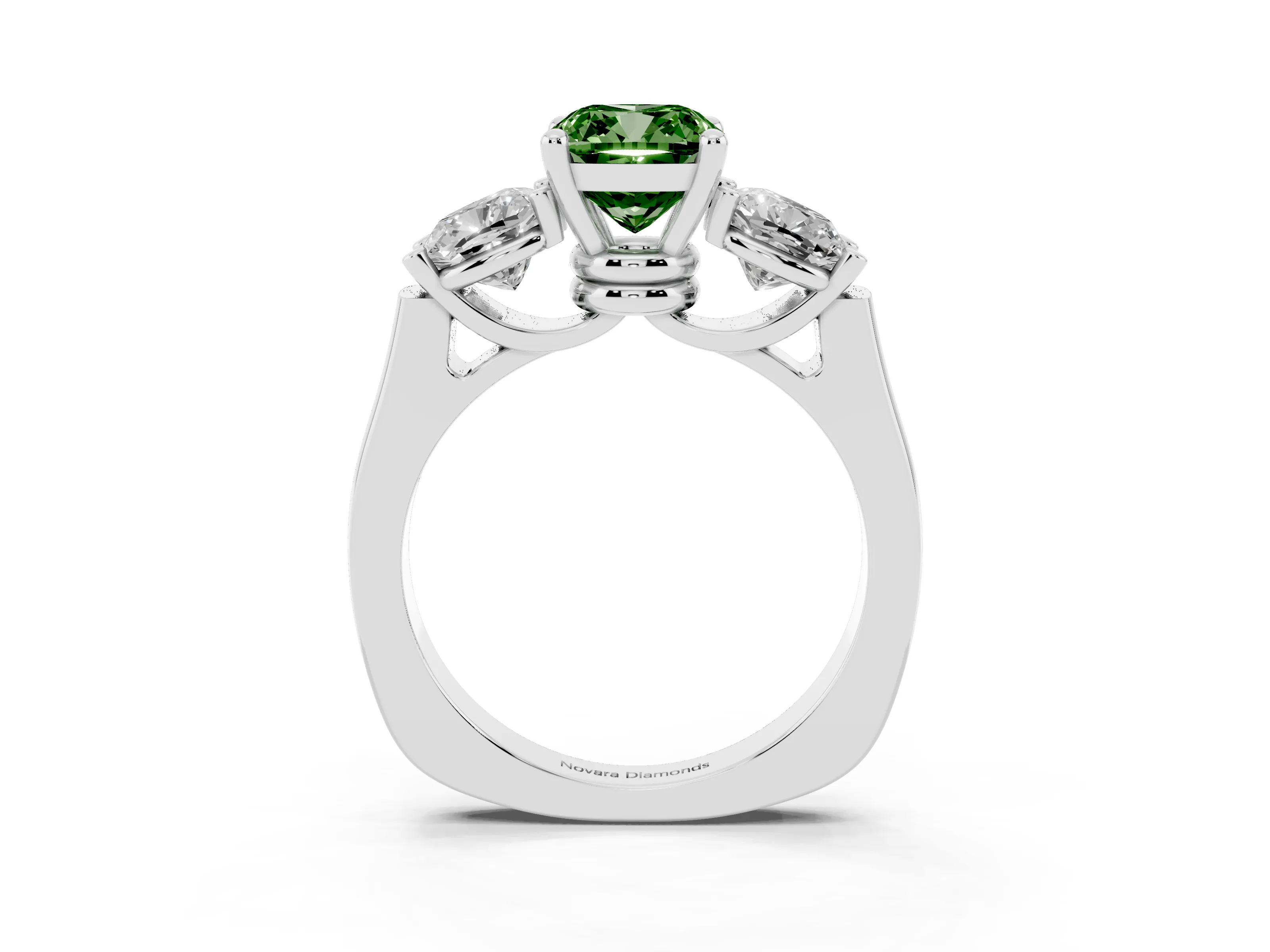 Fancy Green Cushion Cut Diamond Three-Stone Trellis Ring Set in Platinum with Comfort Fit Band