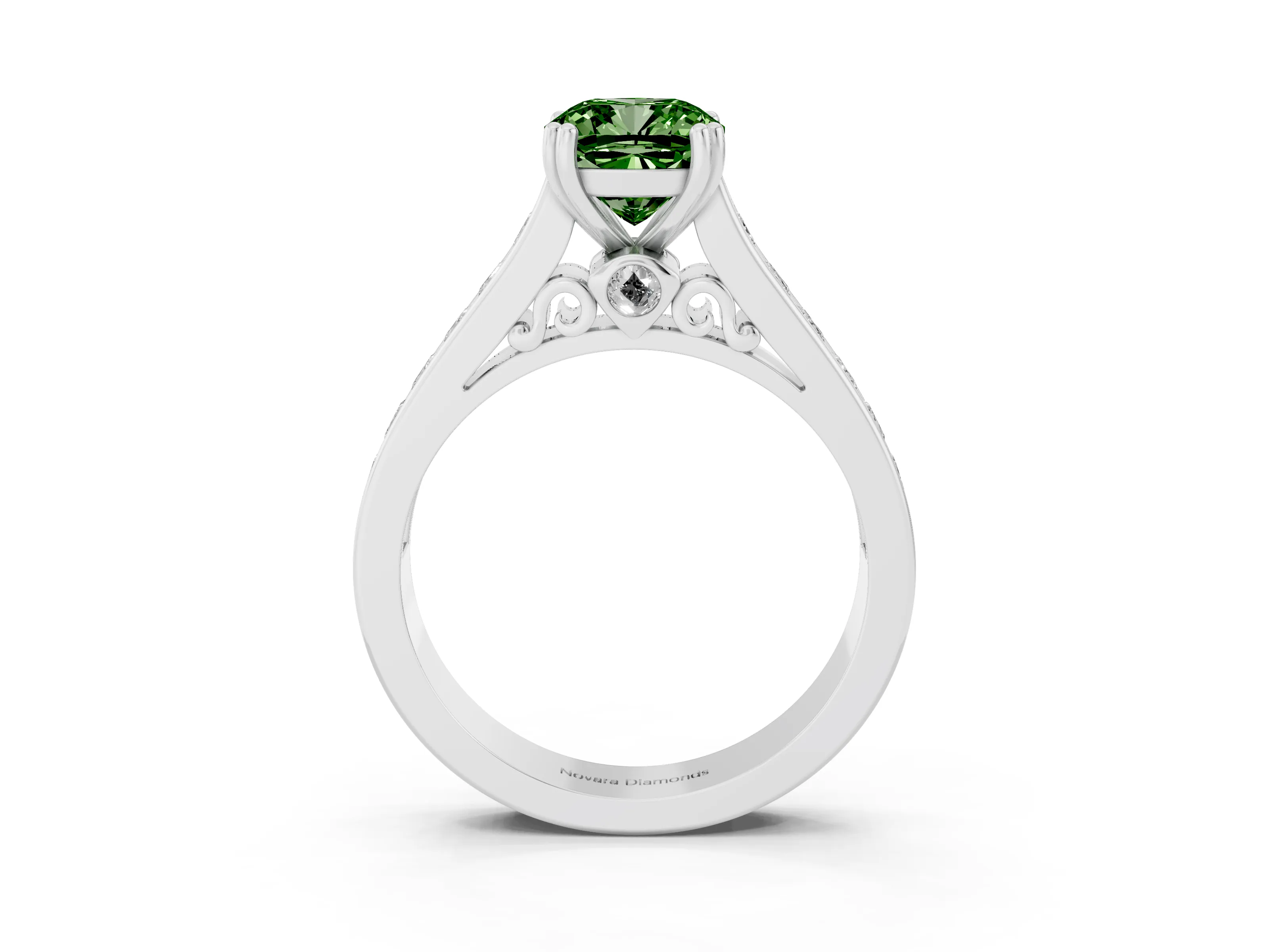 Fancy Green Cushion Cut Diamond Channel Set Solitaire Engagement Ring Set in Silver with Prong Setting
