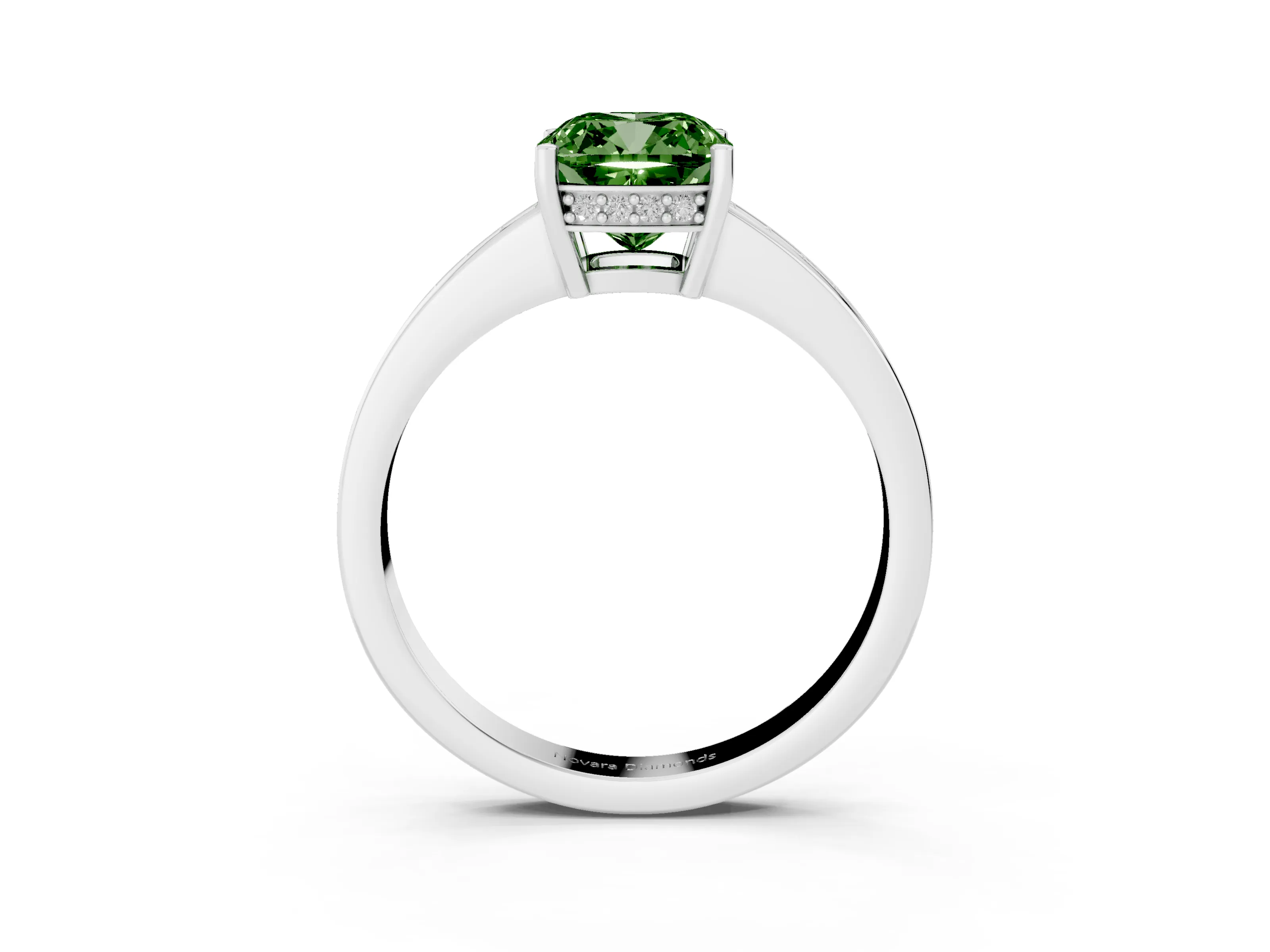 Fancy Green Cushion Cut Diamond Pavé Band Prong Set Solitaire Ring Set in White gold