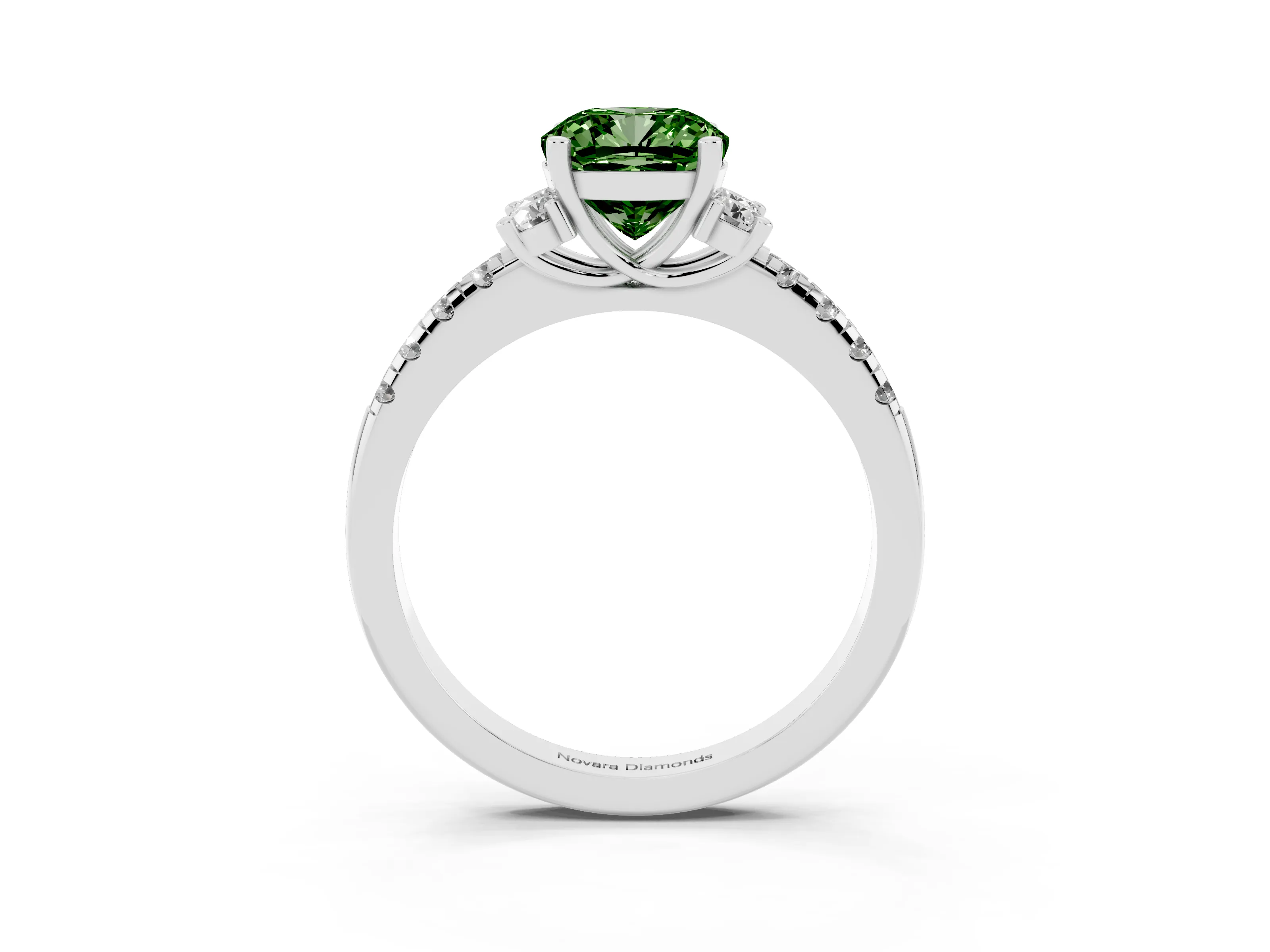 Fancy Green Cushion Cut Diamond Three-Stone Pavé Ring Set in Platinum with Prong Setting