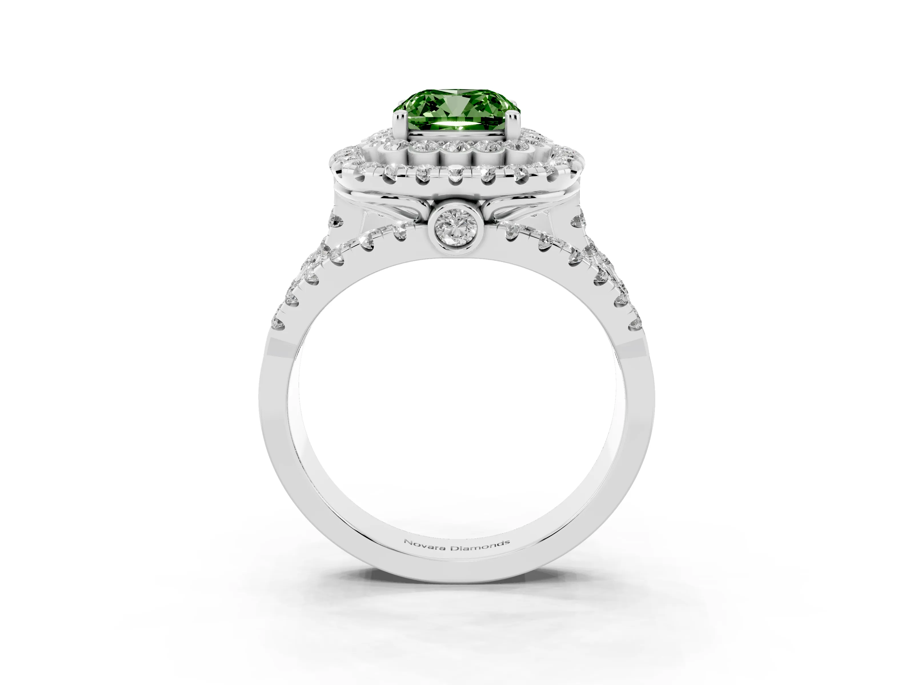 Fancy Green Cushion Cut Diamond Double Halo Ring Set in Platinum with Round Pavé Split Shank