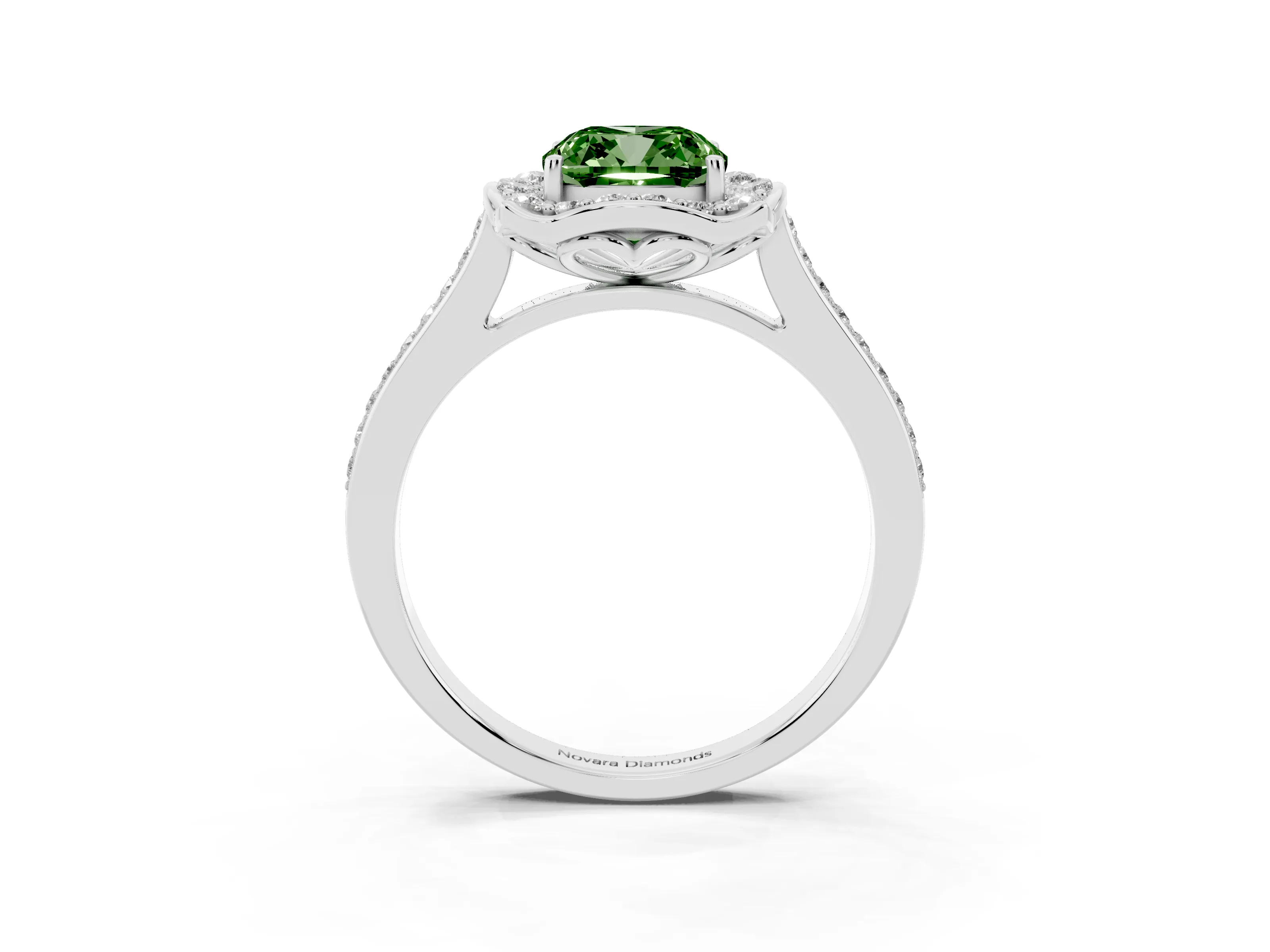 Fancy Green Cushion Cut Diamond Halo Ring Set in White gold with Pavé-Lined Shoulders and Prong Setting