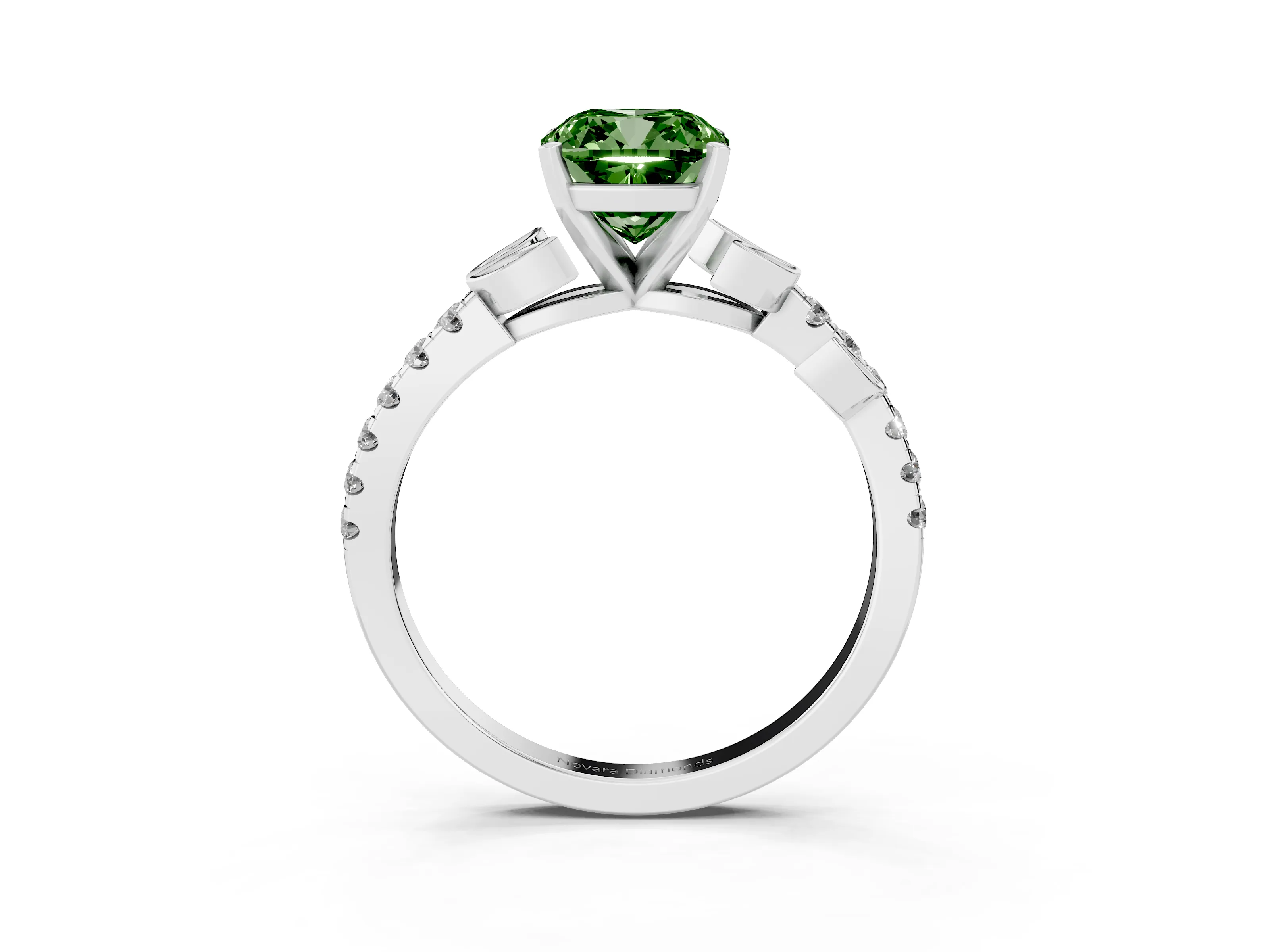 Fancy Green Cushion Cut Diamond Solitaire Leaf-Inspired Ring Set in Platinum with Pavé Band and Prong Setting